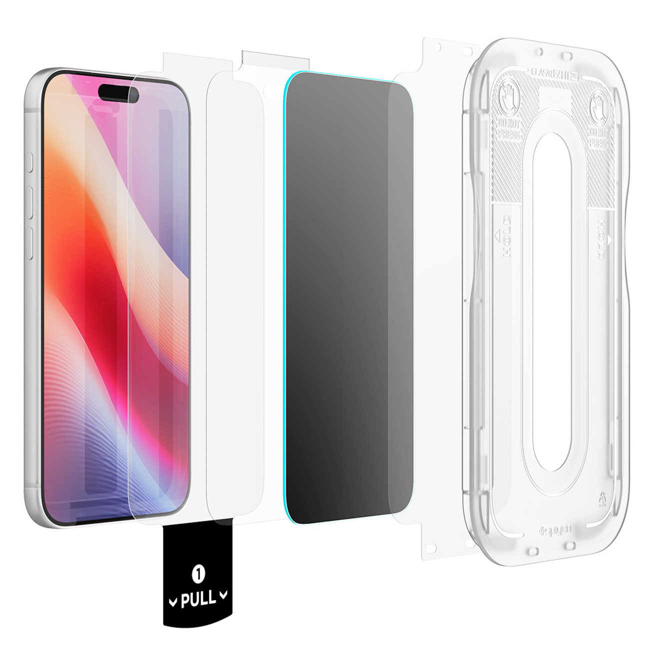 Smartfon, folia ochronna, szkło hartowane i ramka instalacyjna na białym tle.
