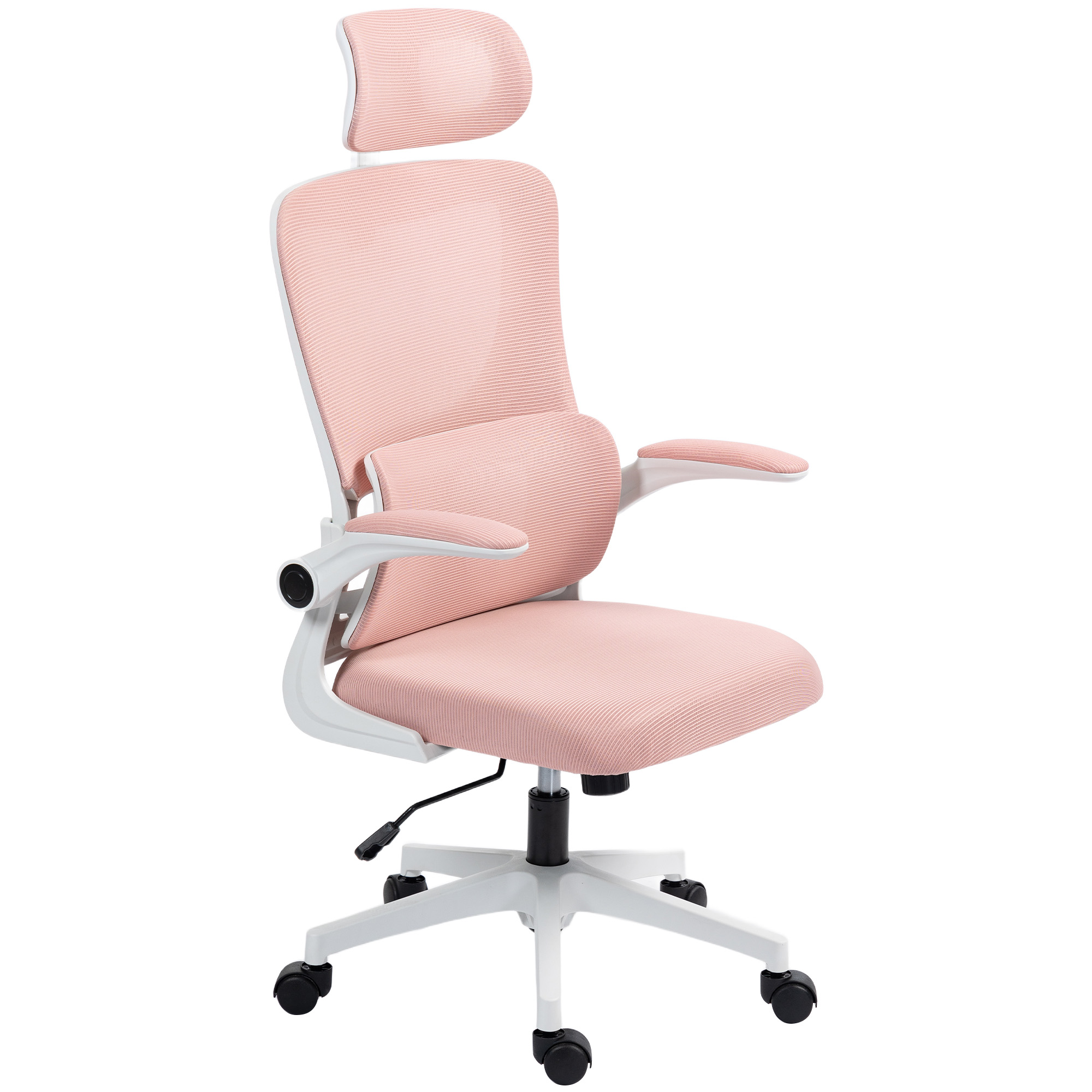 Sedia da ufficio ergonomica rosa con struttura bianca, poggiatesta, braccioli regolabili e ruote su sfondo bianco.