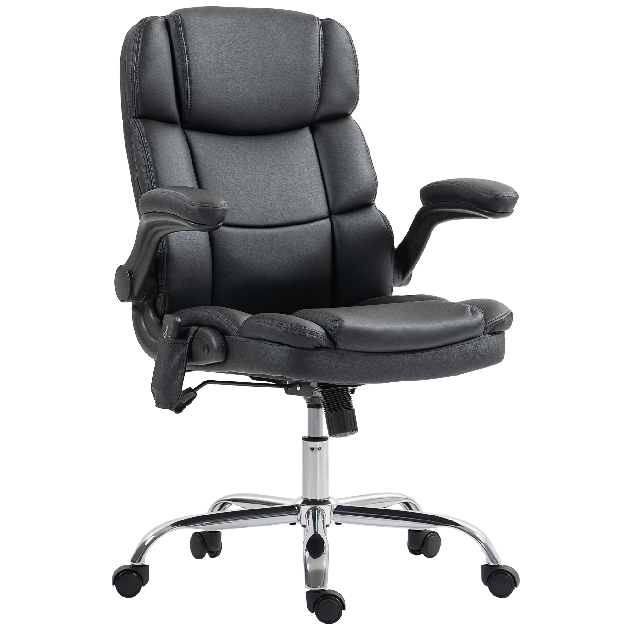 Sedia da ufficio in pelle nera con braccioli e base cromata con ruote su sfondo bianco.