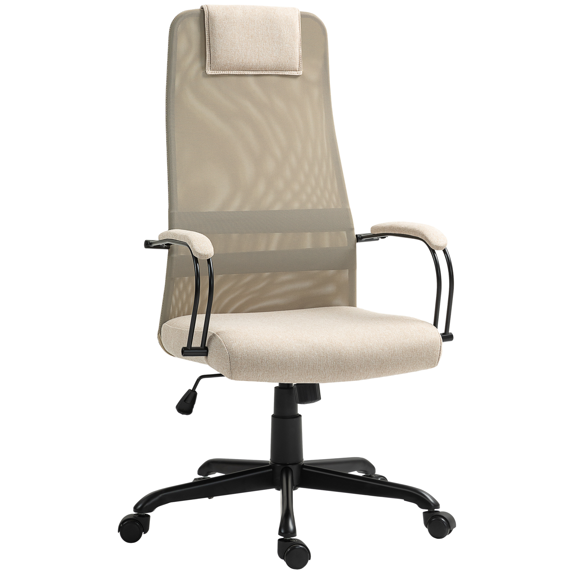 Una sedia da ufficio beige con schienale alto, braccioli imbottiti e base nera con ruote.