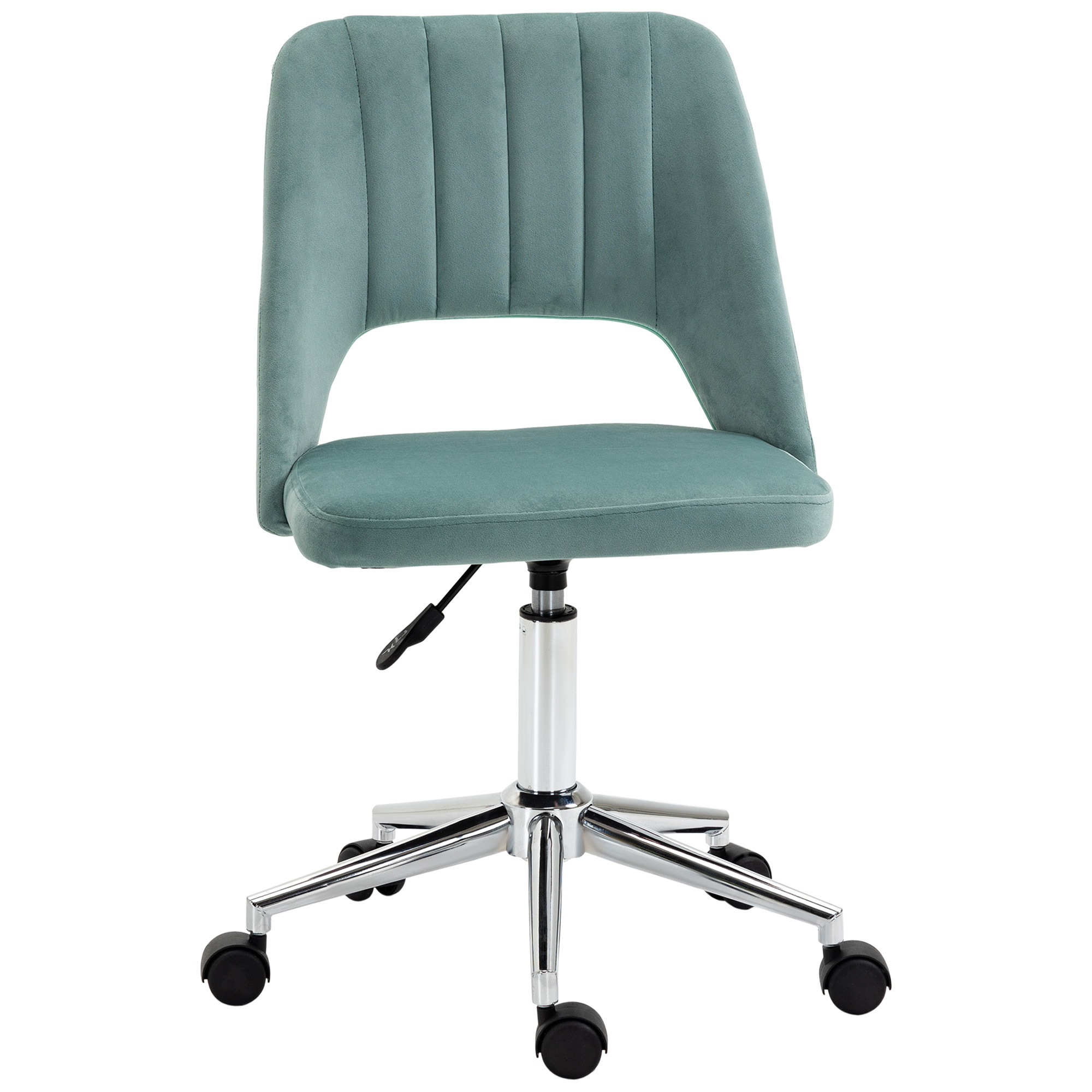 Una sedia da ufficio imbottita color turchese con base cromata e ruote.