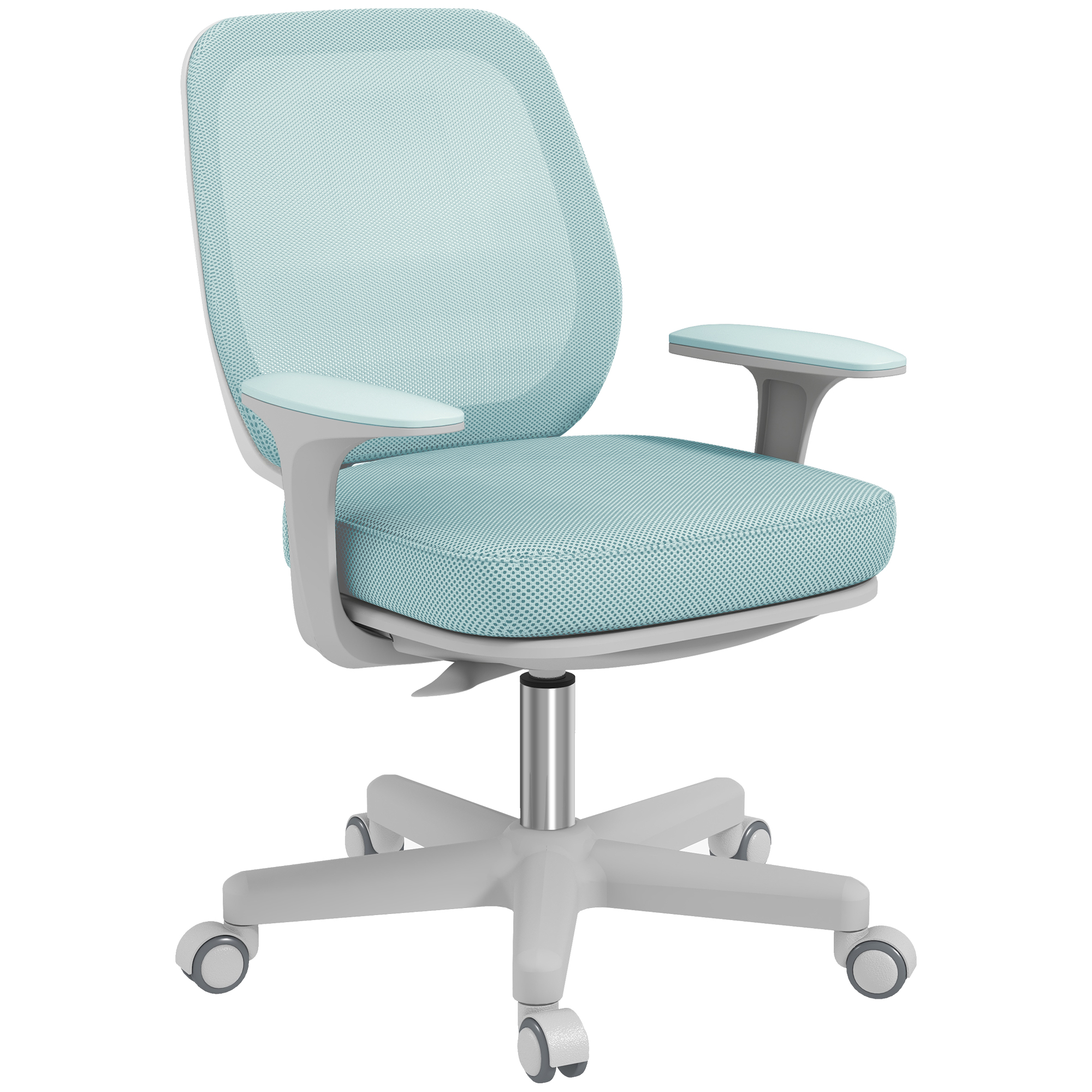 Una sedia da ufficio moderna azzurra con braccioli grigi e ruote su sfondo bianco.