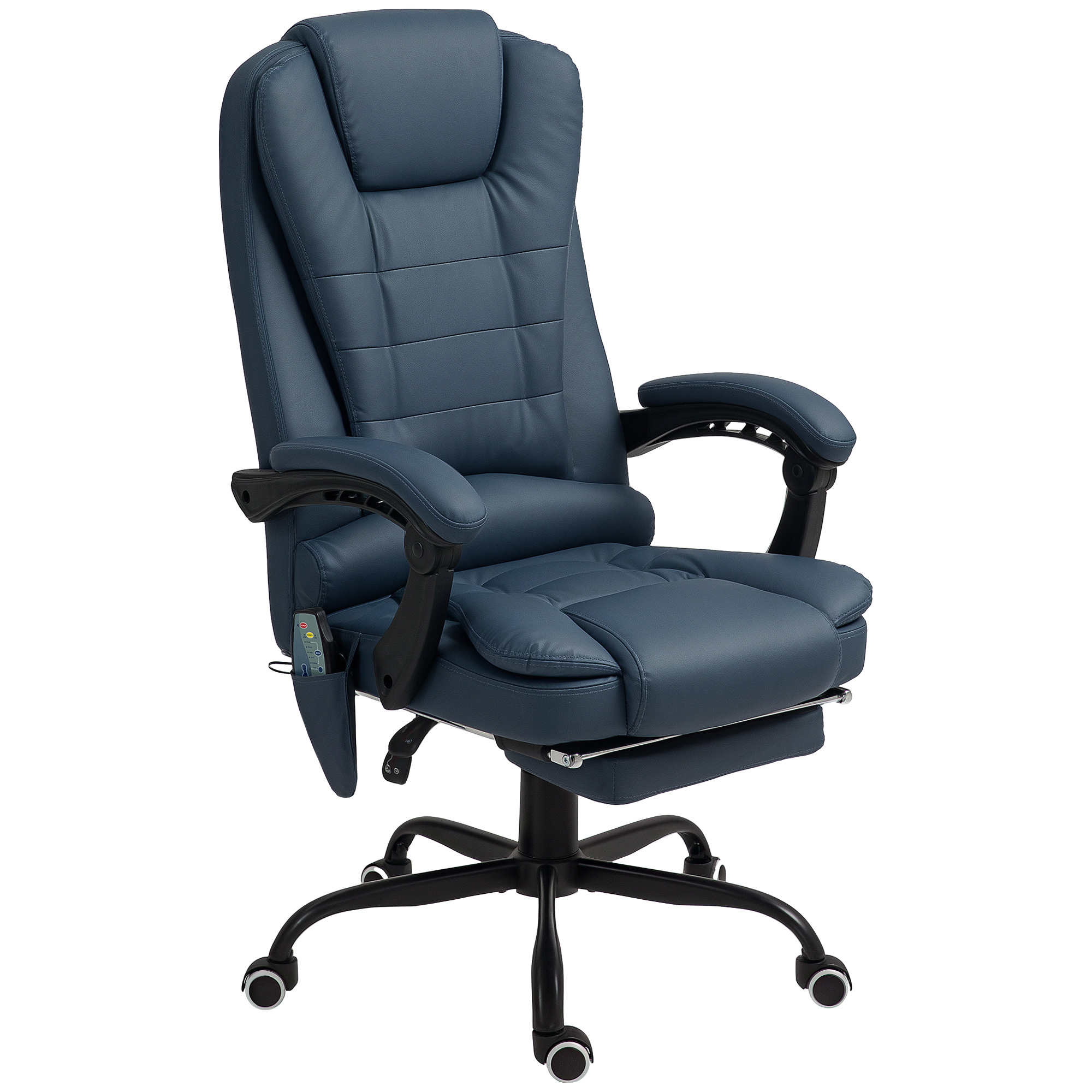 Sedia da ufficlio direzionale ergonomica in pelle blu con rotelle e braccioli regolabili su sfondo bianco.