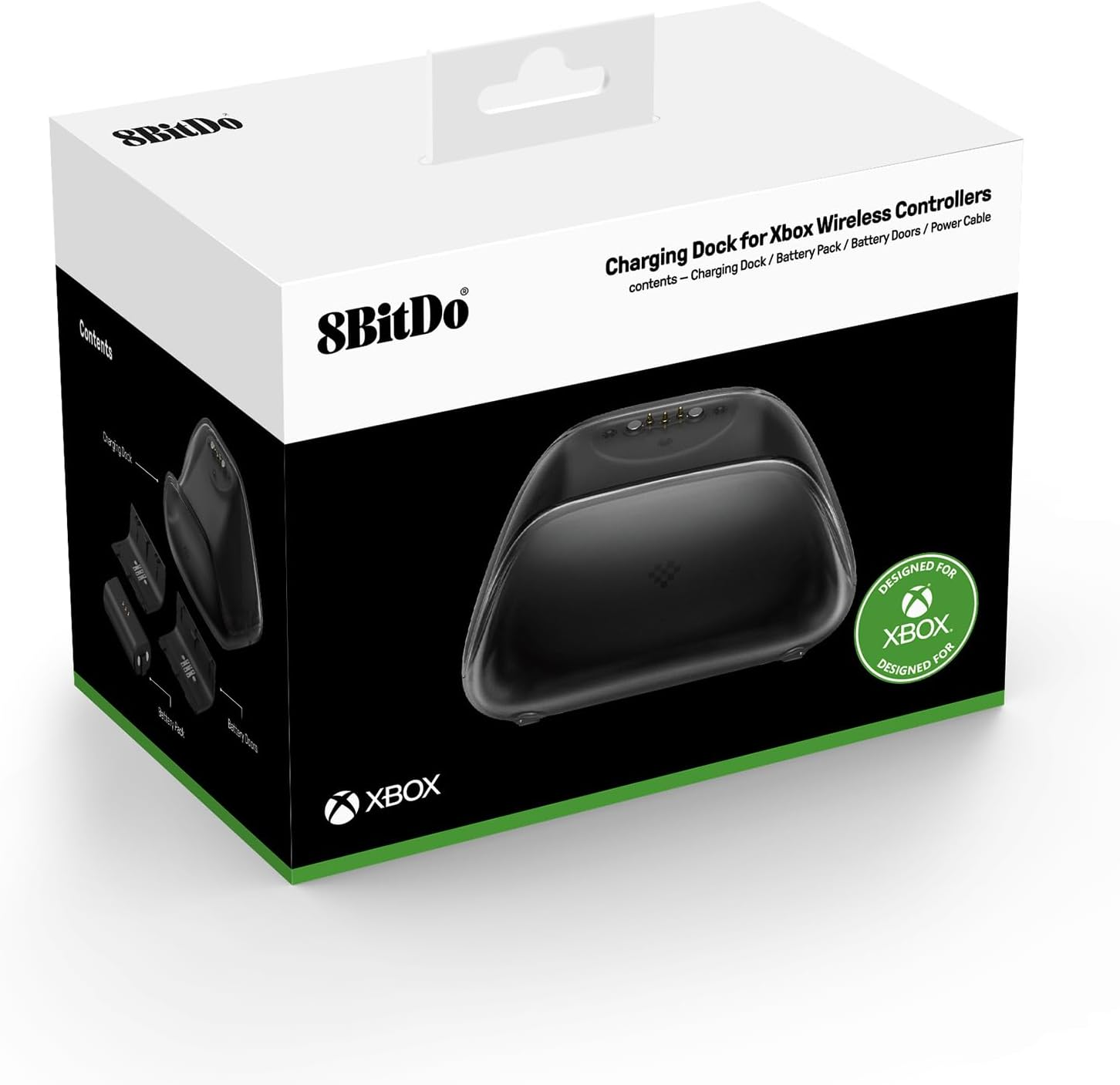 Opakowanie stacji ładującej 8BitDo do kontrolerów Xbox na białym tle.