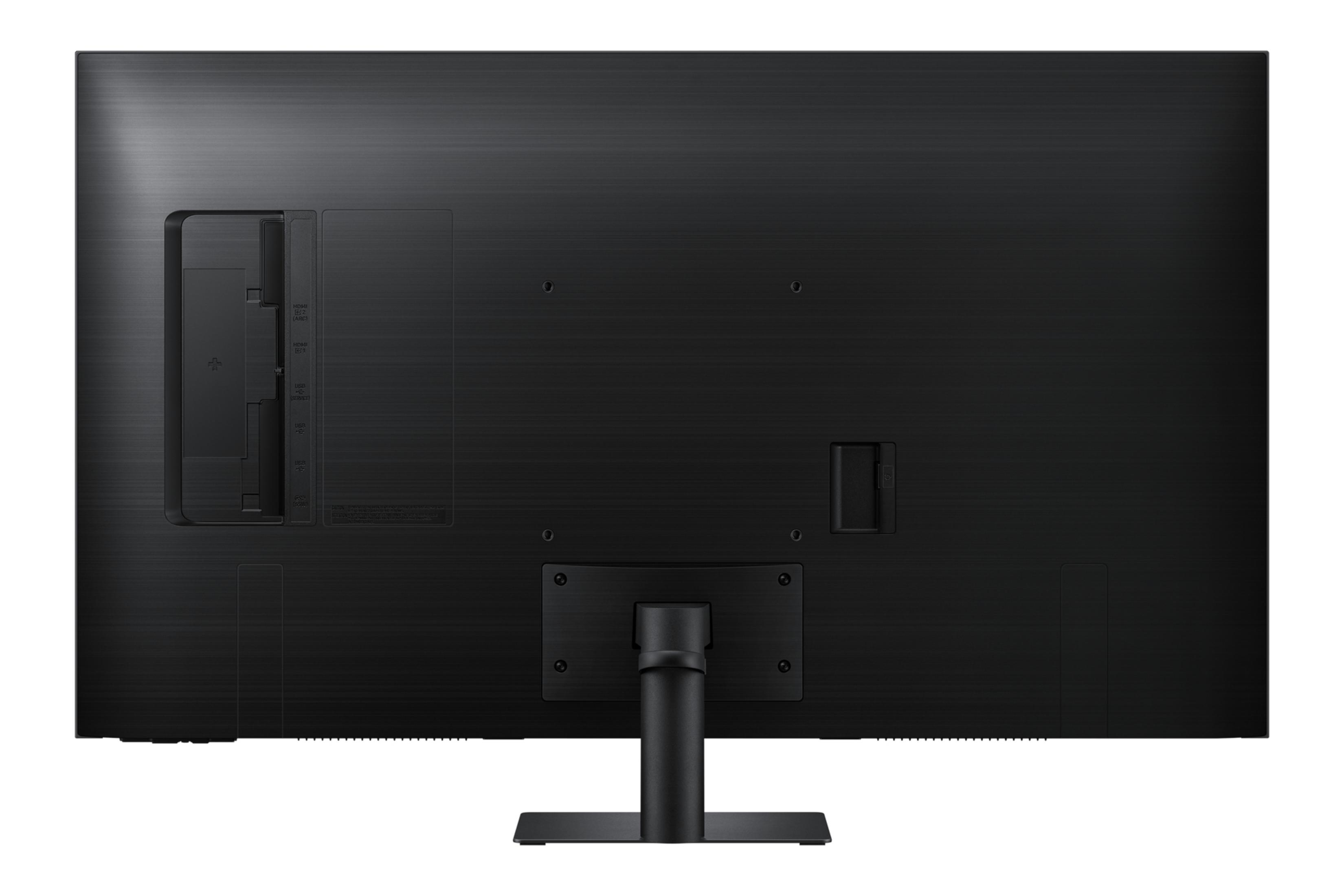 Vista posteriore di un monitor nero con porte a sinistra, supporto VESA e base centrale.