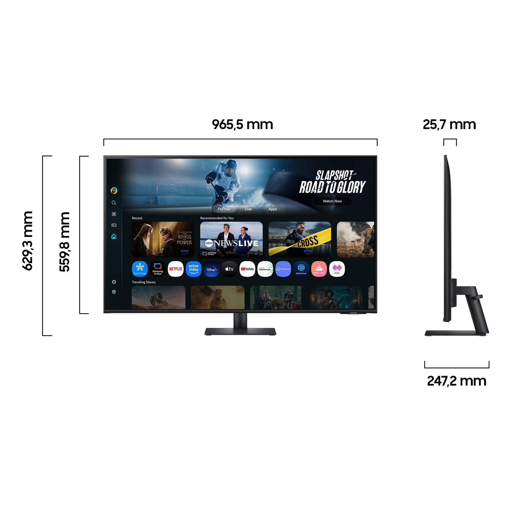 Diagramma che mostra le viste anteriore e laterale di un monitor Samsung con misure in mm.
