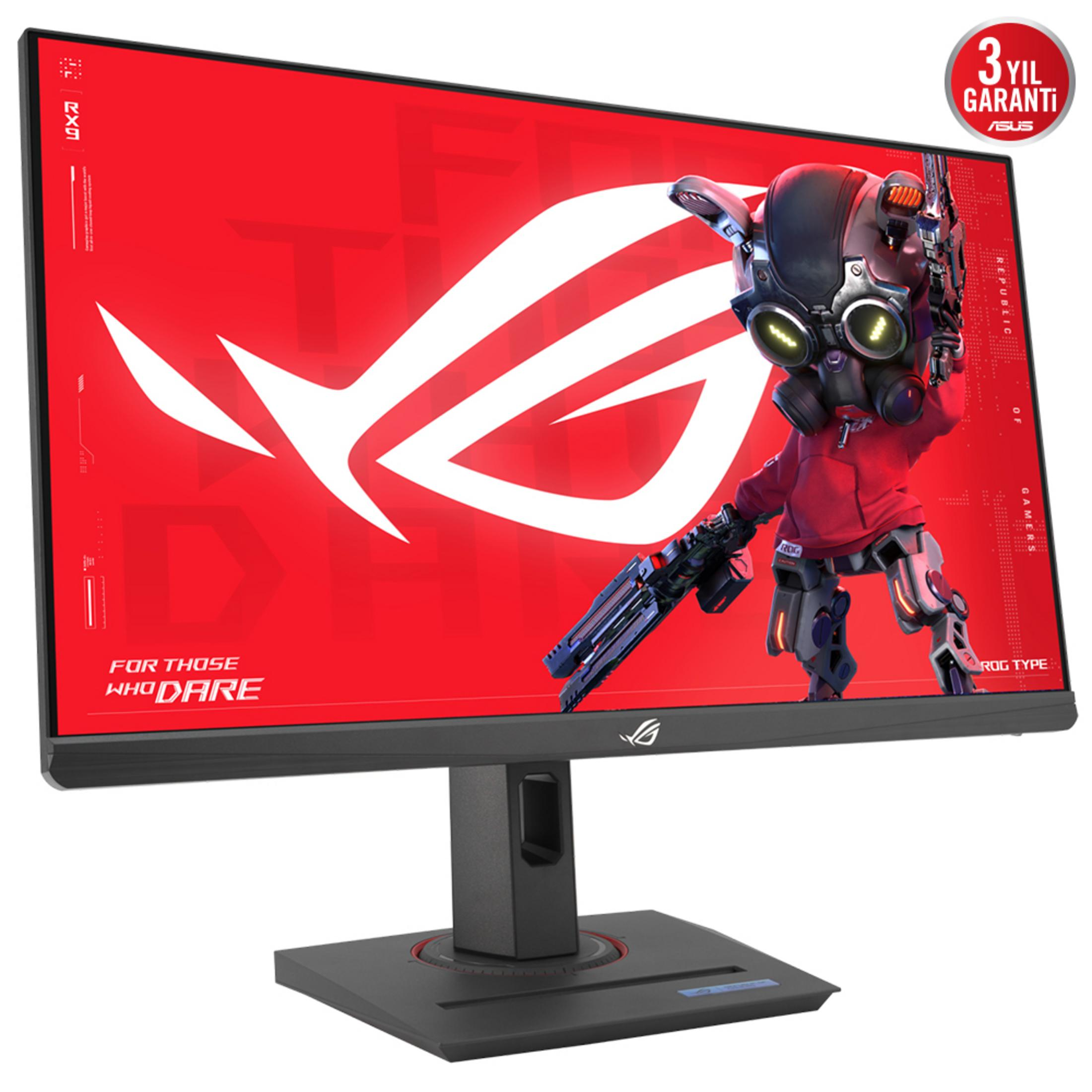 Un monitor de juegos ROG que muestra una pantalla roja y un robot.