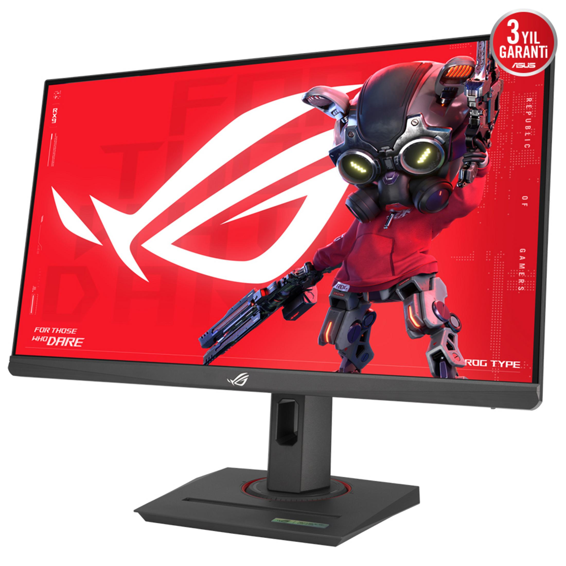 Monitor gaming de ASUS con fondo rojo ROG, personaje futurista y etiqueta de garantía de tres años.