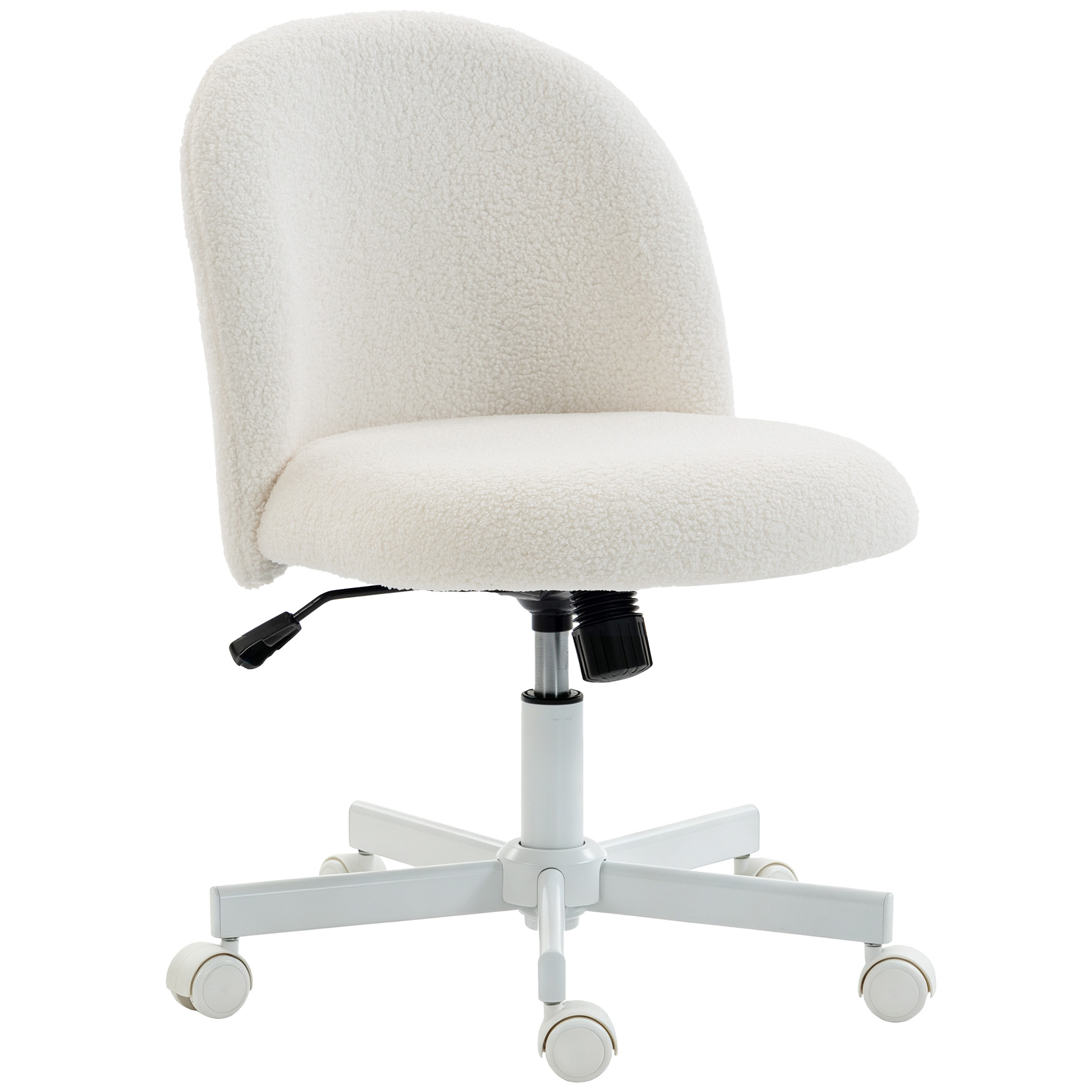 Sedia da ufficio bianca in tessuto effetto peluche, regolabile in altezza con ruote.