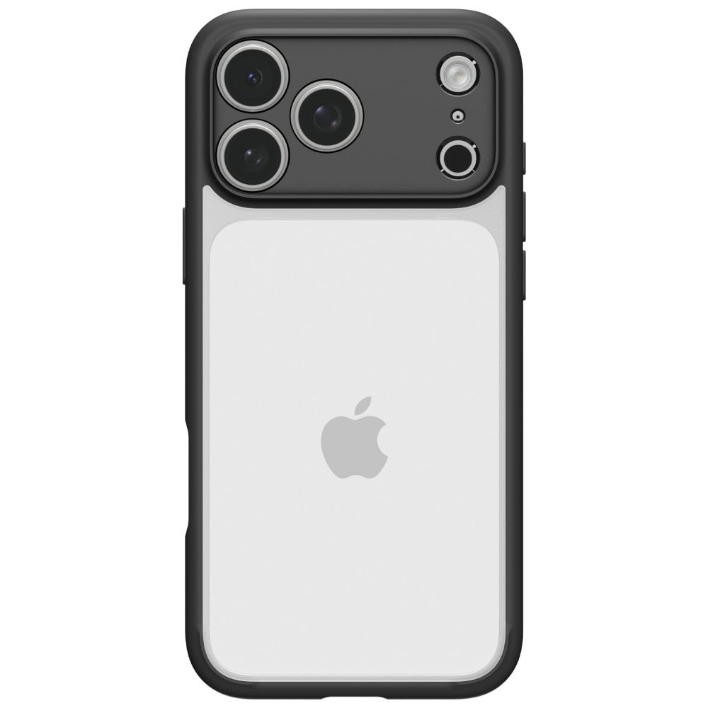 Tył iPhone'a w czarnym etui, z trzema aparatami w lewym górnym rogu i logo Apple w środku.