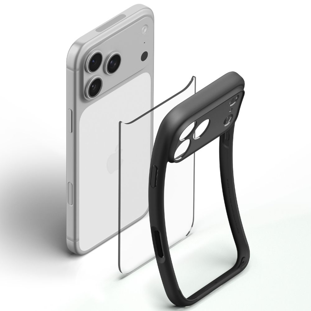 Srebrny smartfon z przezroczystą wkładką i czarną ramką ochronną na białym tle.
