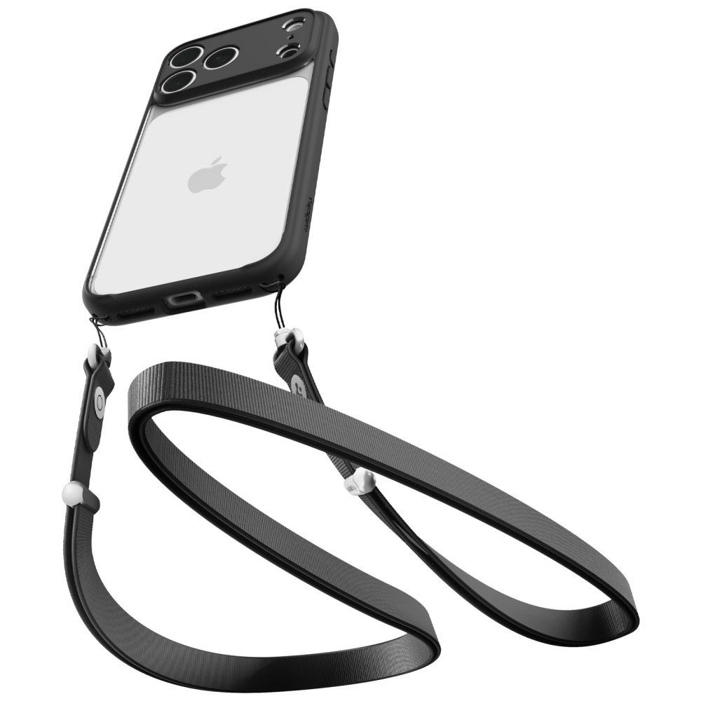 Smartfon w czarnym etui ochronnym z długą czarną smyczą na białym tle.