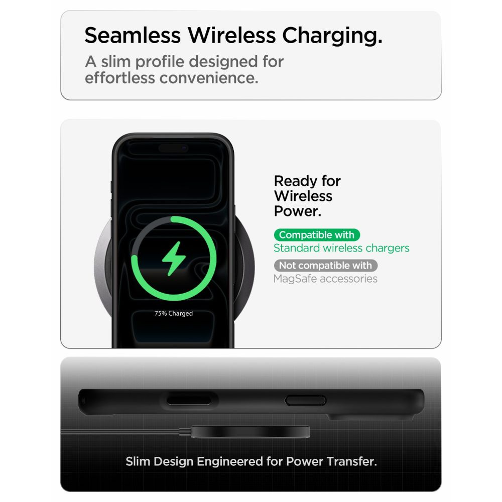 Smartfon ładujący się bezprzewodowo na podkładce z tekstem.