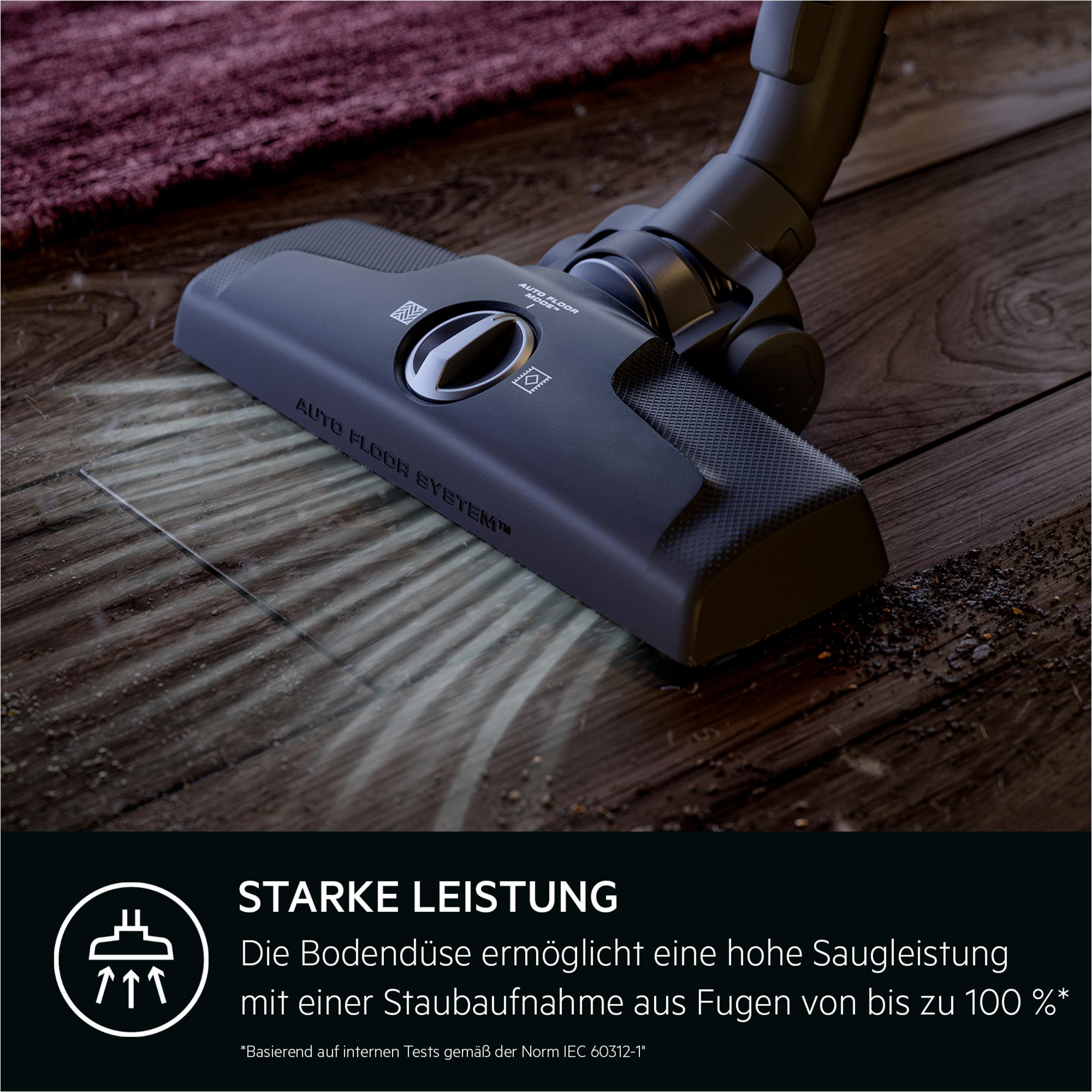 Staubsaugerdüse auf Holzboden, die Schmutz aus Fugen entfernt, mit Text und Symbol unten.