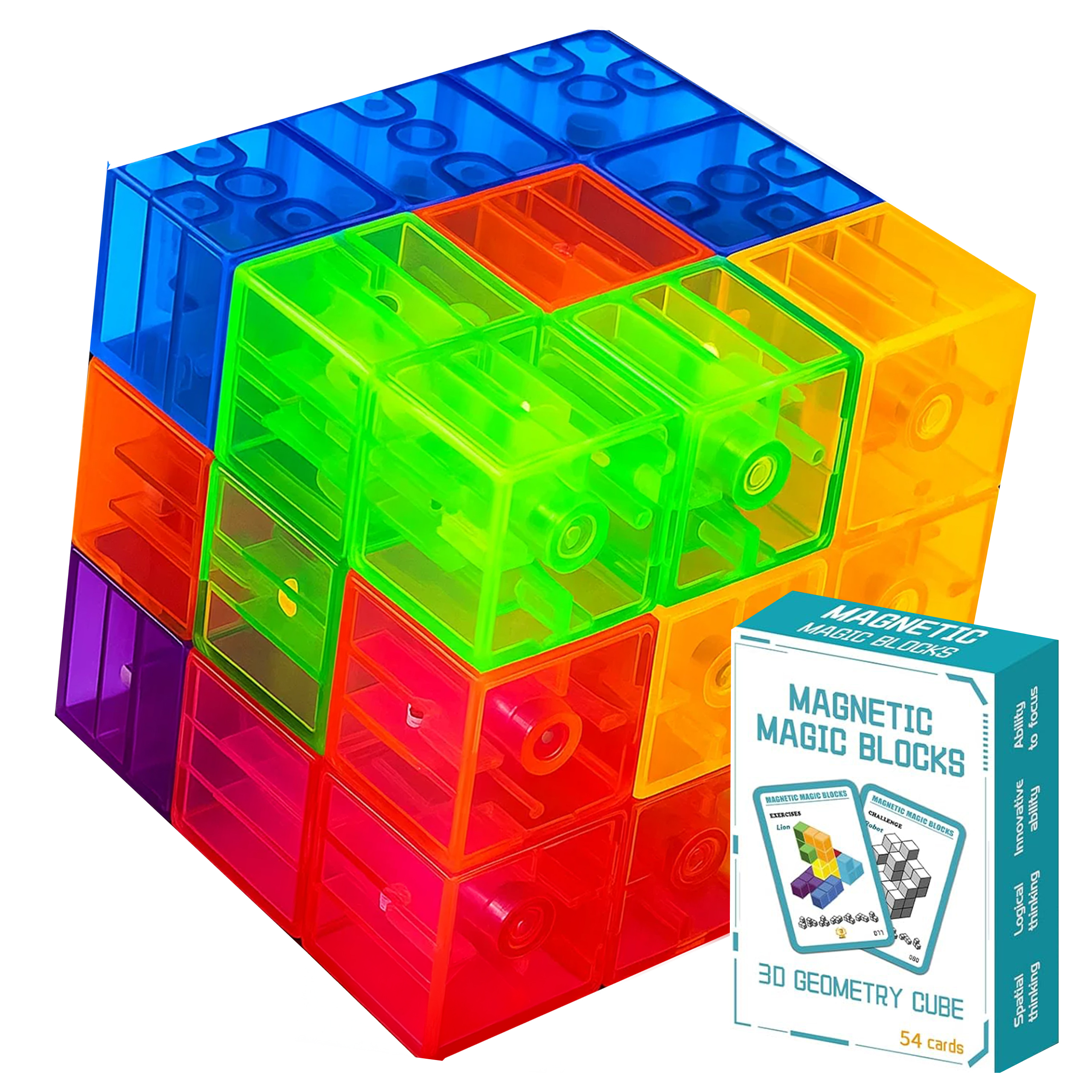 Kolorowa magnetyczna kostka puzzle 3D z przezroczystych klocków, obok pudełka z napisem Magnetic Magic Blocks.