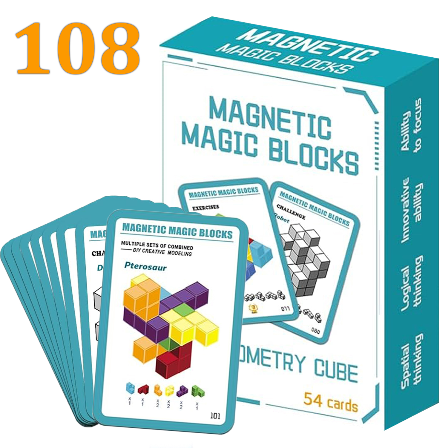 Pudelko magnetycznych magicznych klockow z kartami wyzwan i liczba 108.