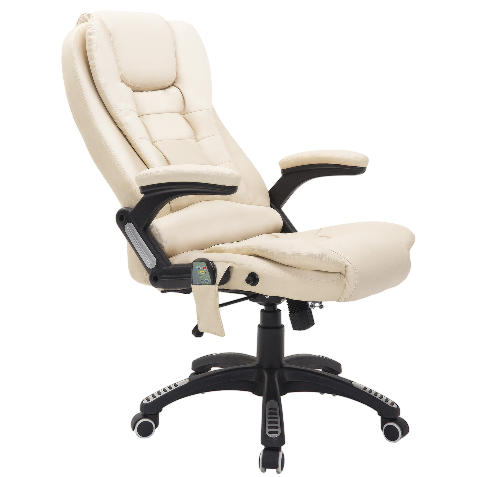 Sedia da ufficcio imbottita color beige con base nera con rotelle.