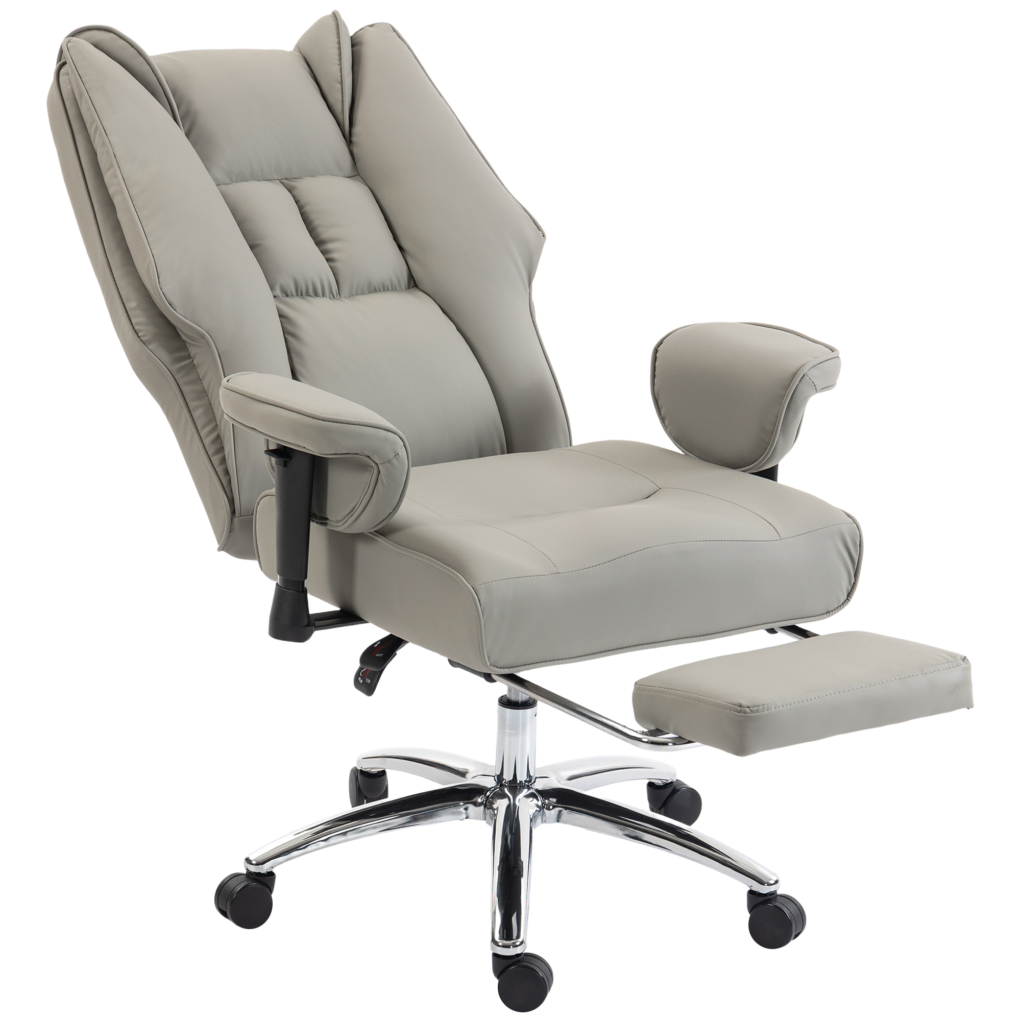 Sedia da ufficio beige con schienale alto, braccioli imbottiti e poggiapiedi estraibile su base cromata con rotelle.