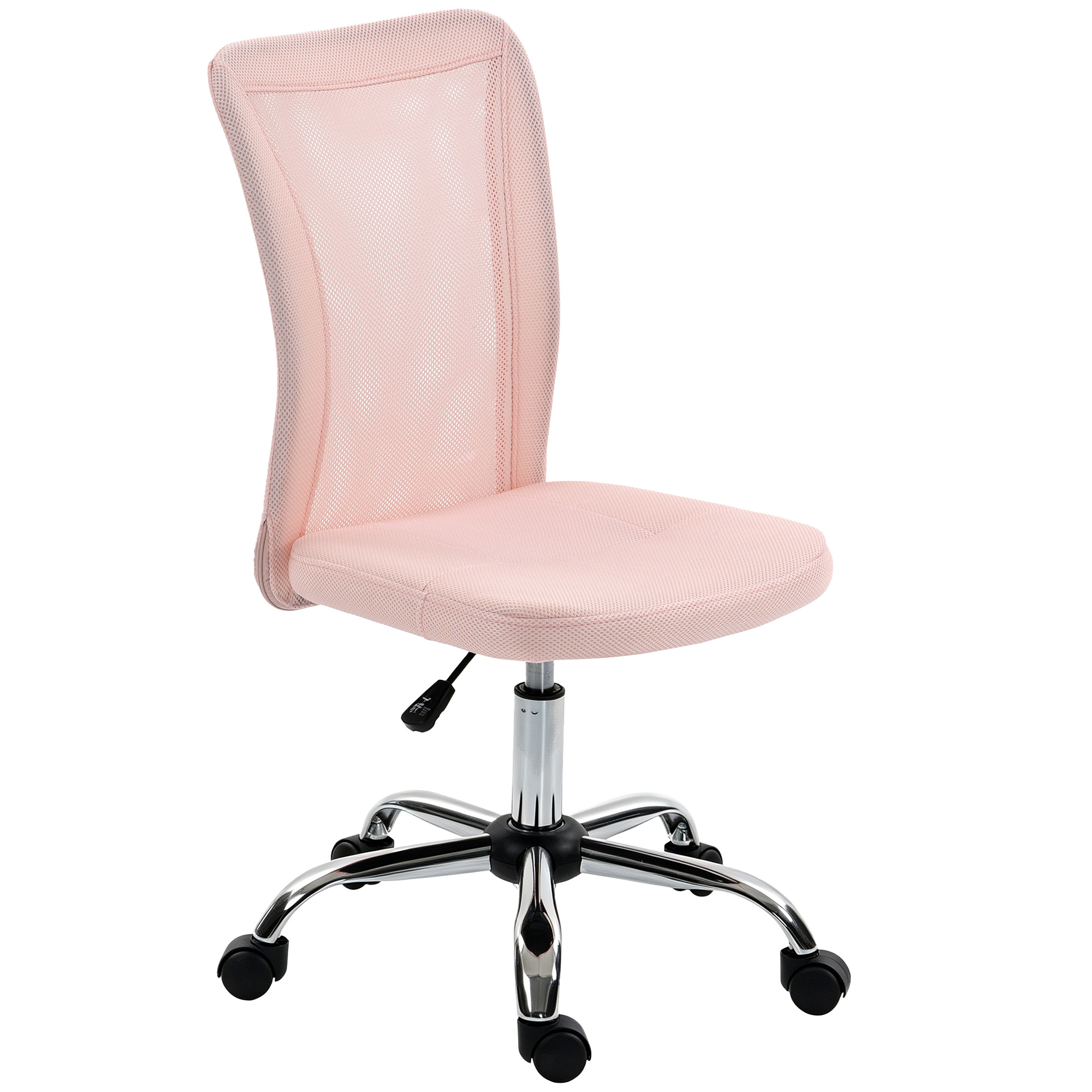 Una moderna sedia da ufficio rosa con schienale in rete, base in metallo cromato e ruote, su sfondo bianco.