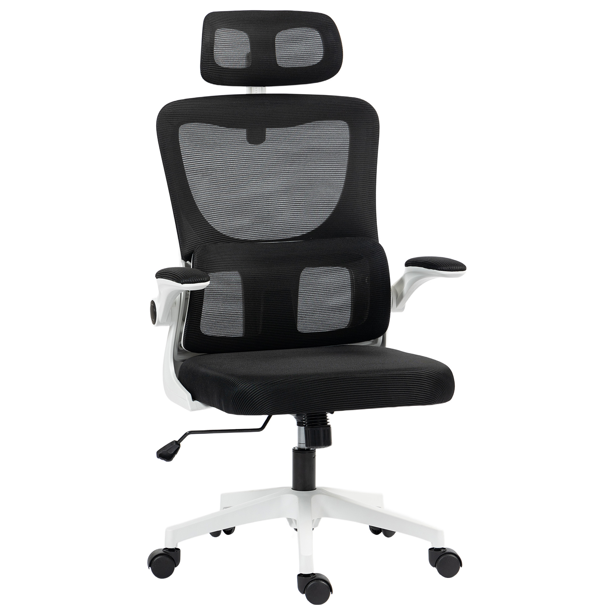 Sedia da ufficio nera in rete con telaio bianco, poggiatesta e rotelle.