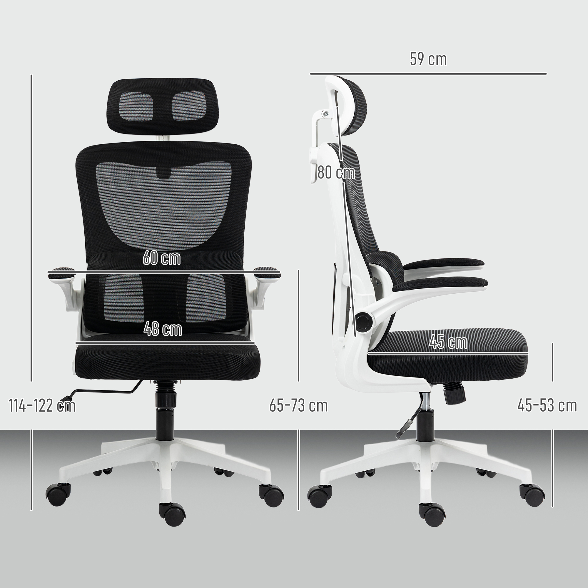 Vista frontale e laterale di una sedia da ufficio ergonomica nera con telaio bianco e indicatori di misura.