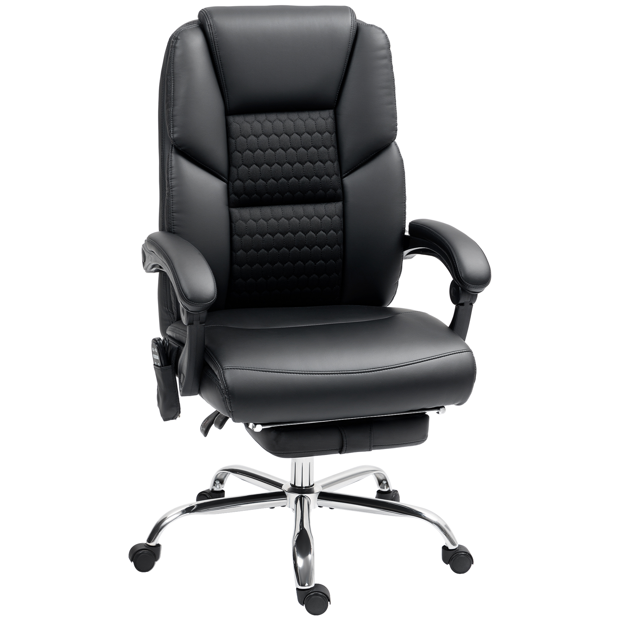 Una sedia da ufficio in pelle nera con motivo trapuntato, braccioli e base in metallo argentato con ruote.