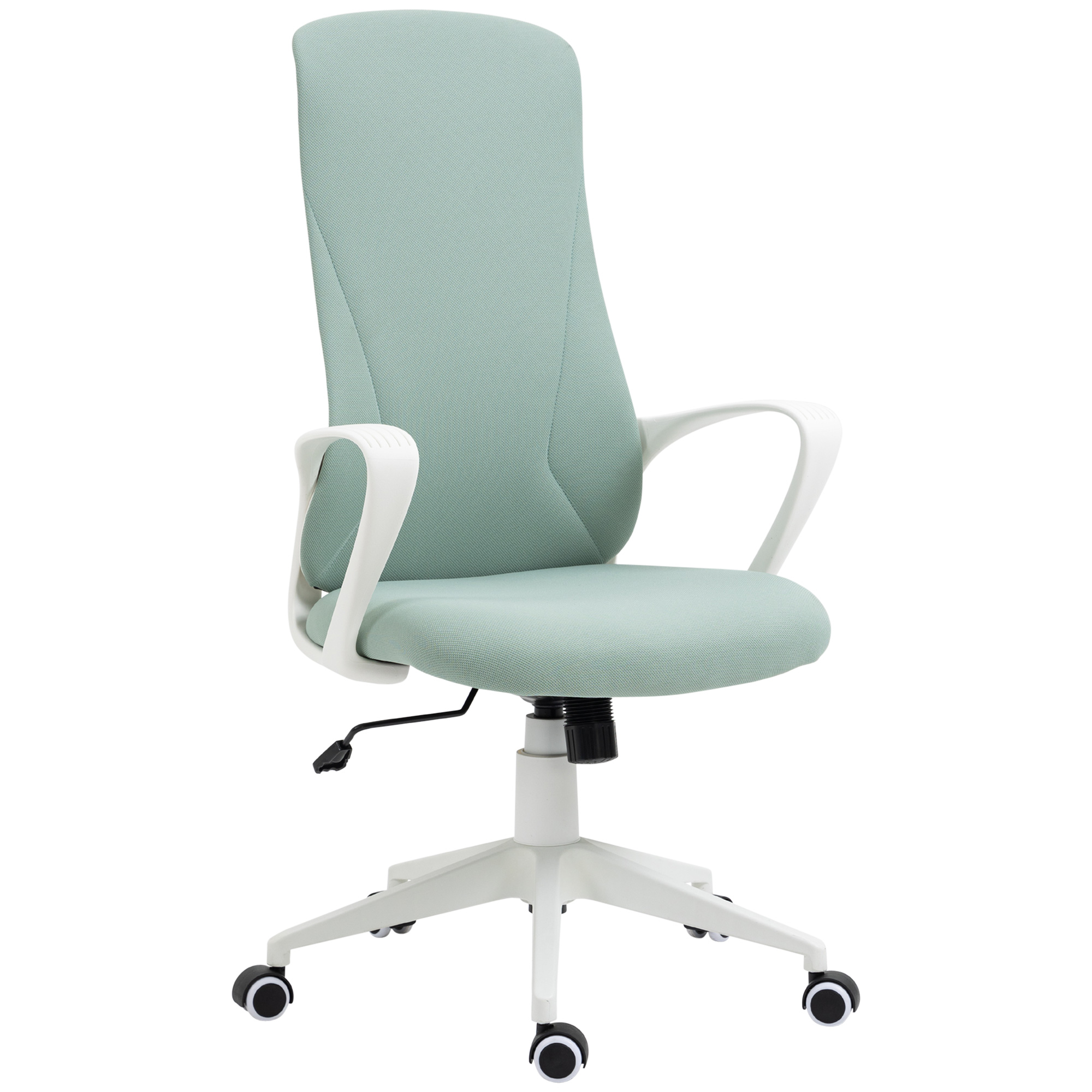 Una sedia da ufficio verde chiaro con braccioli bianchi e base a cinque ruote su sfondo bianco.