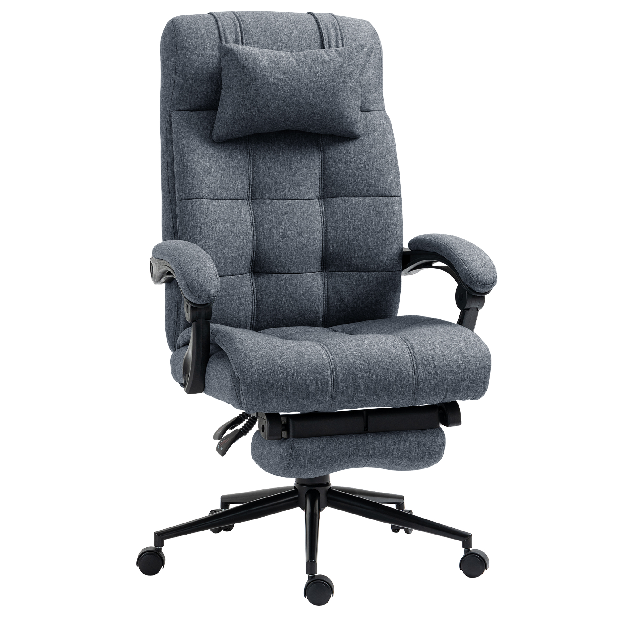 Una sedia da ufficio ergonomica grigia con cuscino, schienale alto, braccioli e ruote su sfondo bianco.