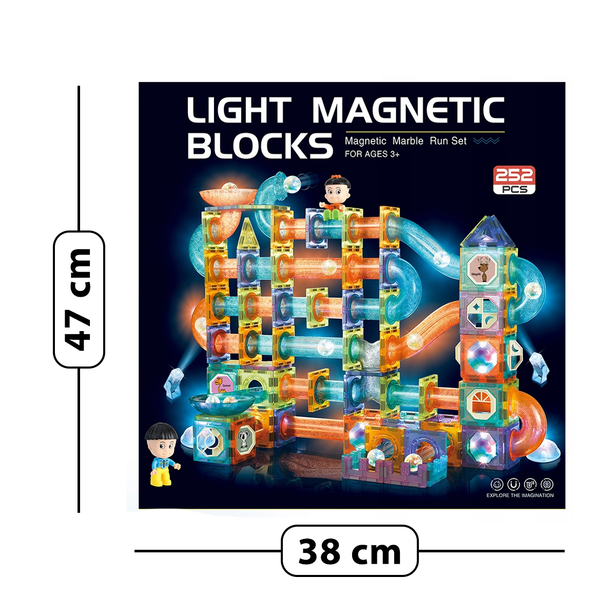 Świetliste klocki magnetyczne: Kolorowy, świecący zestaw magnetyczny z torem kulkowym z 252 elementów, wysoki na 47 cm.