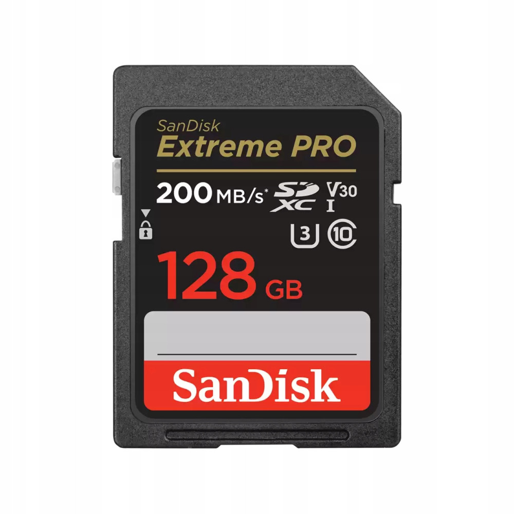 Czarna karta pamięci SD SanDisk Extreme PRO 128 GB ze złotymi i czerwonymi napisami.