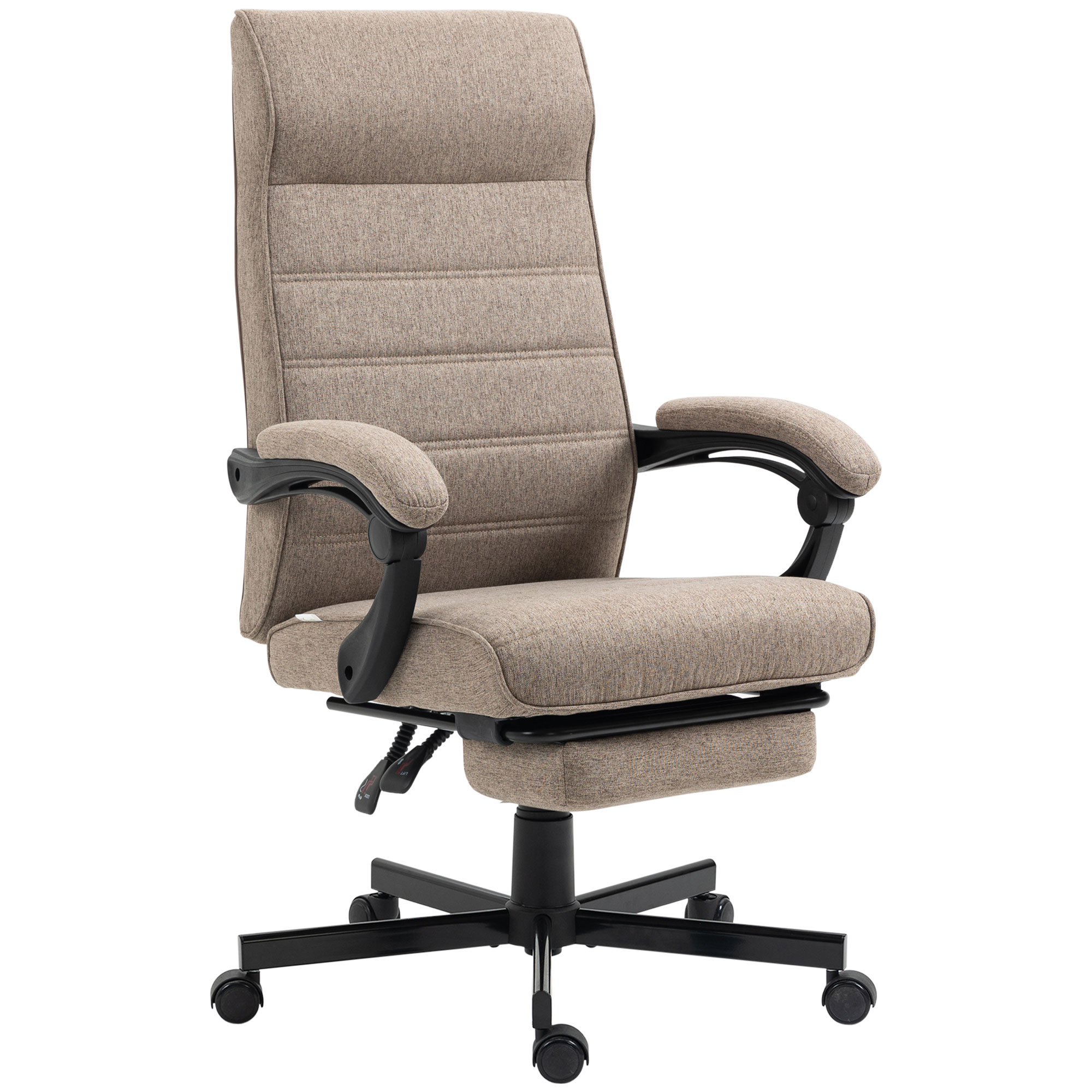 Sedia da ufficio imbottita beige con schienale alto, braccioli, poggiapiedi e base nera con ruote.