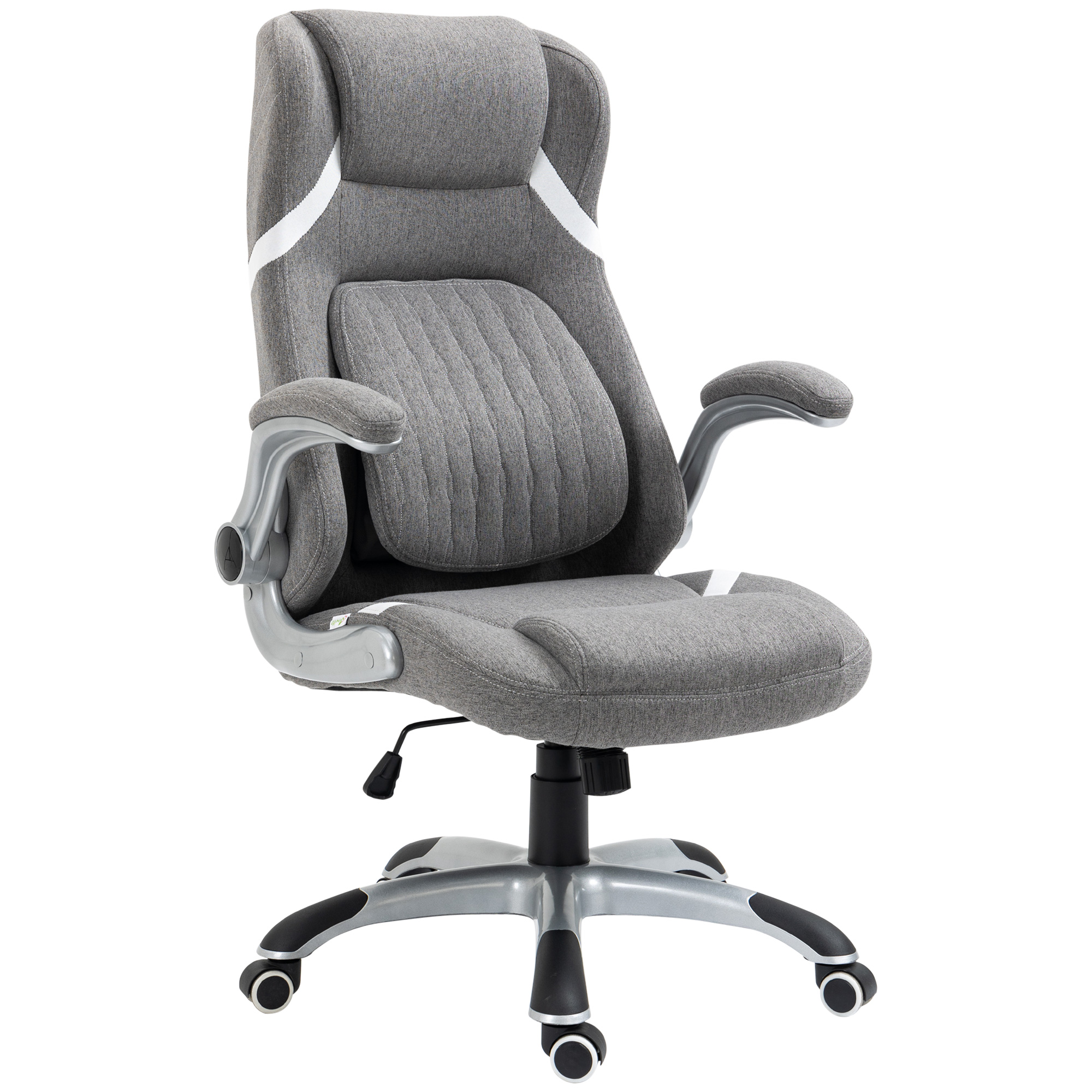 Una sedia da ufficio ergonomica grigia con dettagli bianchi, braccioli imbottiti e rotelle su sfondo bianco.