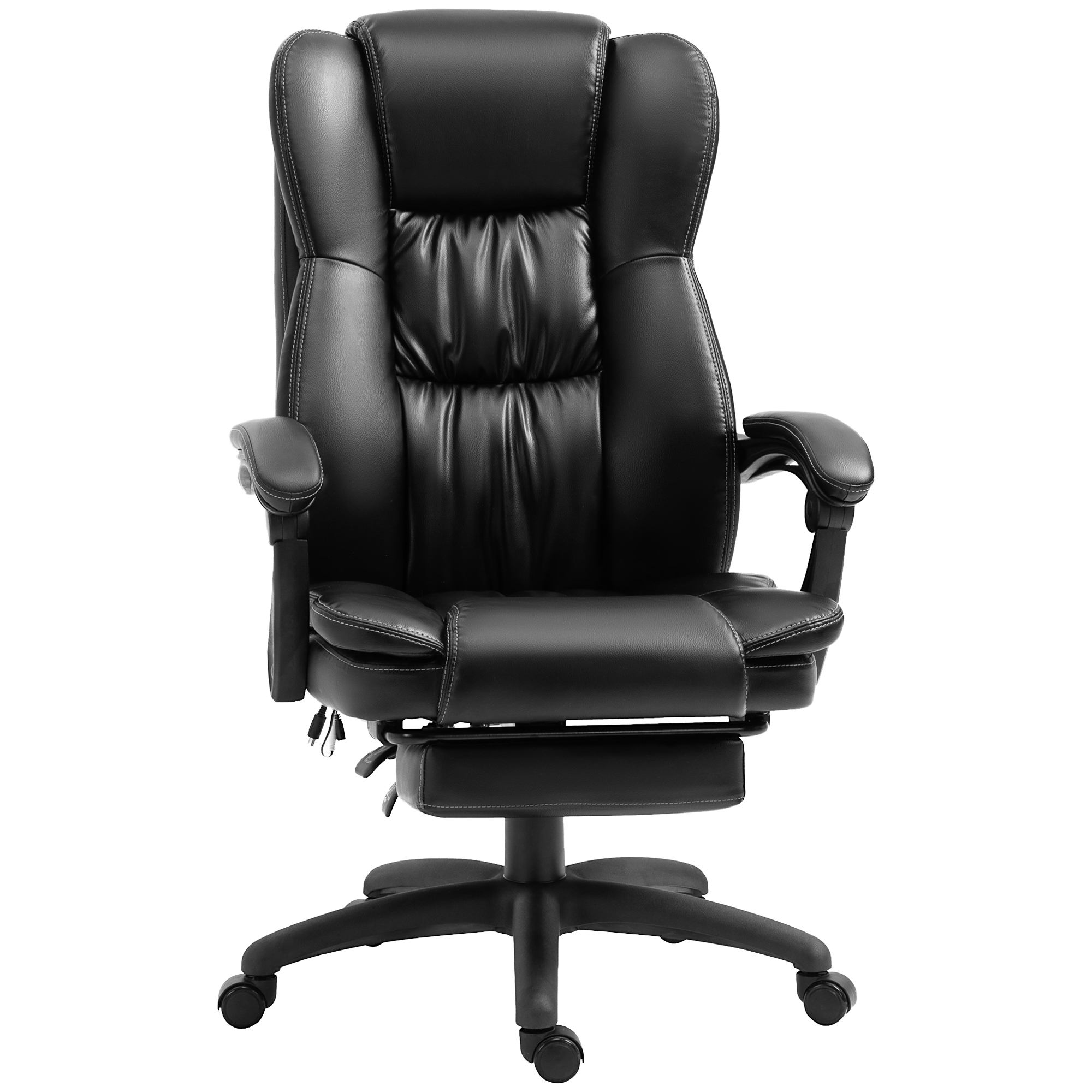 Una sedia da ufficio in pelle nera con braccioli e ruote su sfondo bianco.