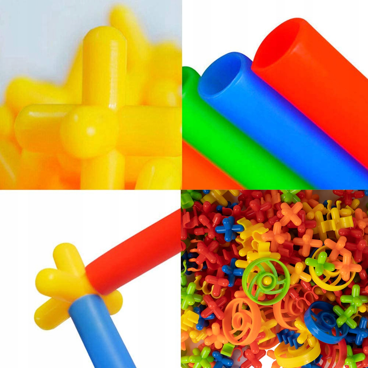 Kolaż przedstawiający żółte plastikowe zabawki, kolorowe rurki i stos małych części.