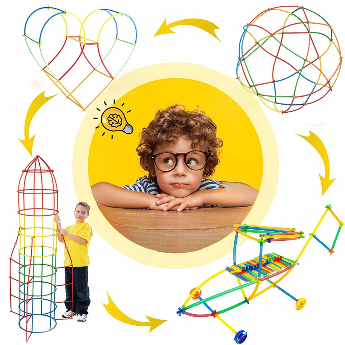 Zamyślone dziecko otoczone kolorowymi strukturami geometrycznymi z plastikowych patyczków.