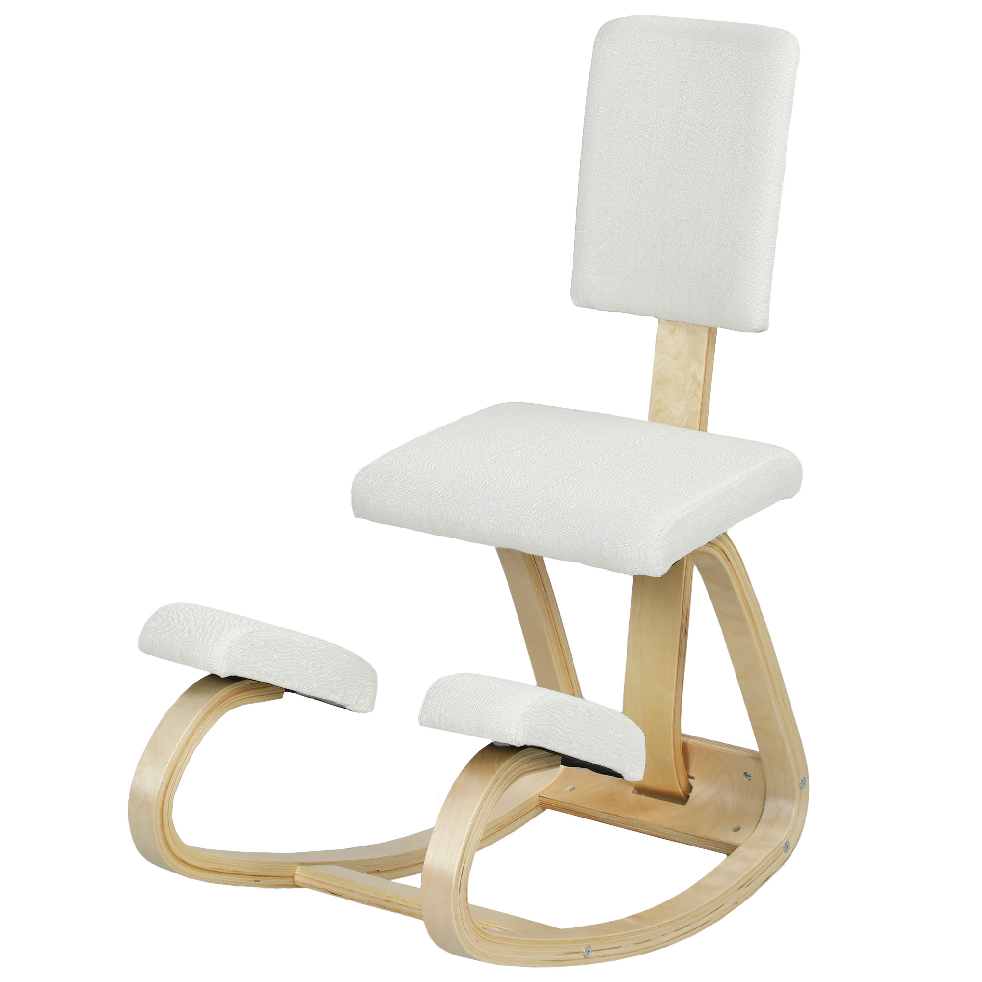 Sedia ergonomica in ginocchio con struttura in legno chiaro e cuscini in tessuto bianco, schienale e base a dondolo.