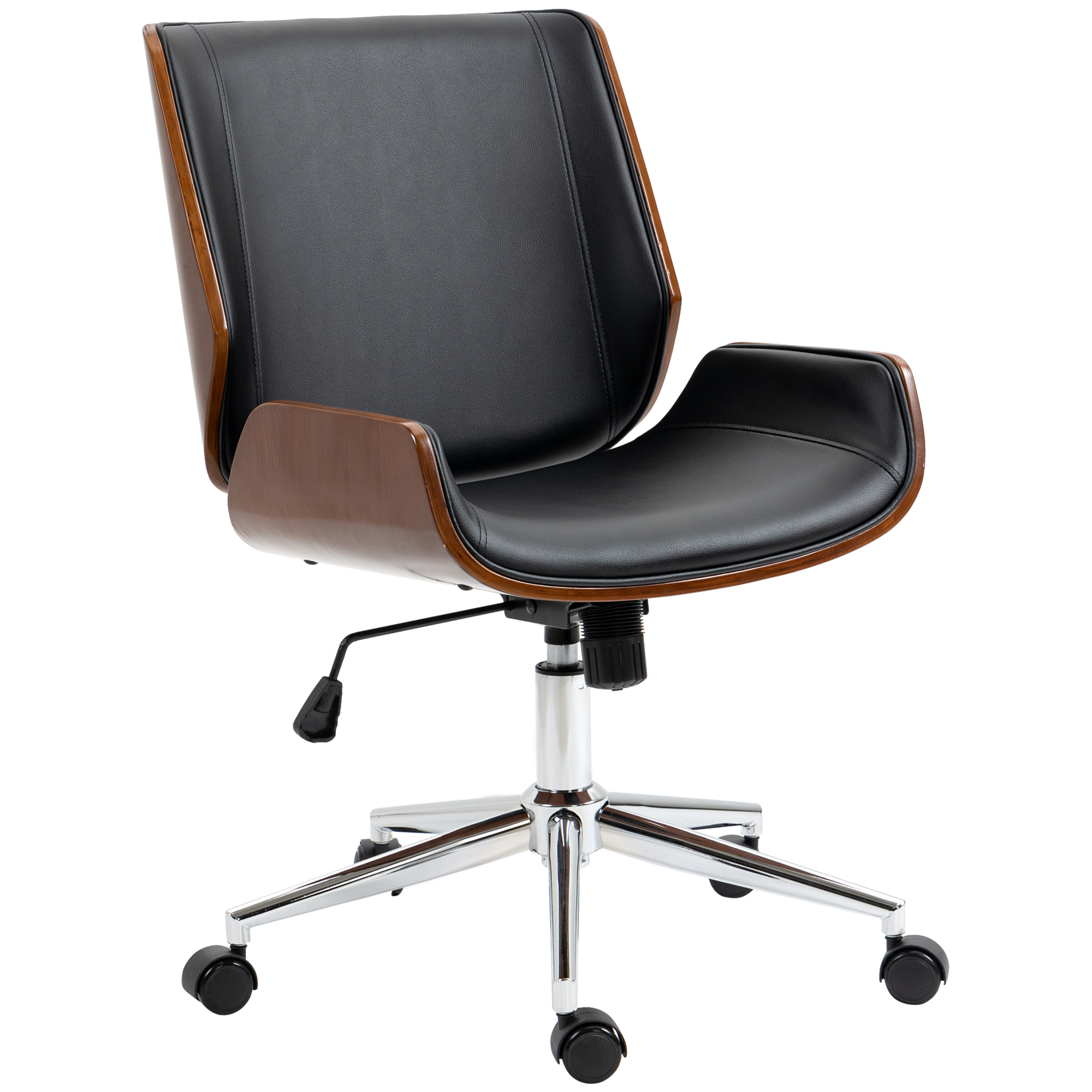Sedia da ufficio moderna in pelle nera, struttura in legno e ruote cromate.
