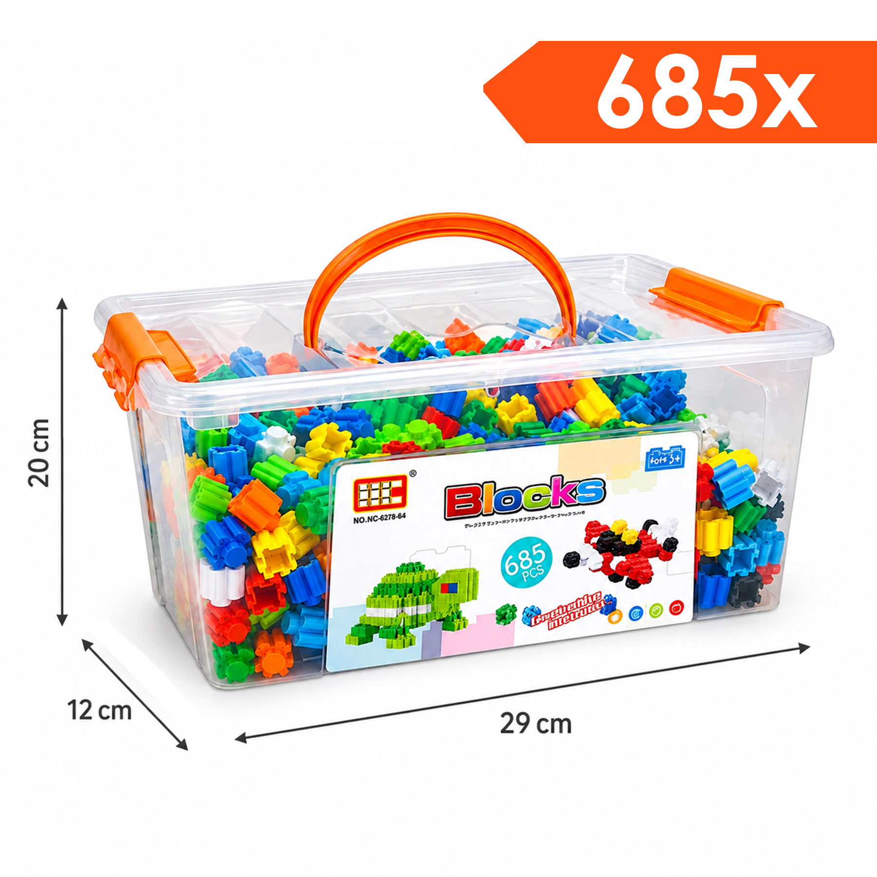 Przezroczyste plastikowe pudło wypełnione 685 kolorowymi klockami, o wymiarach 29x12x20 cm.