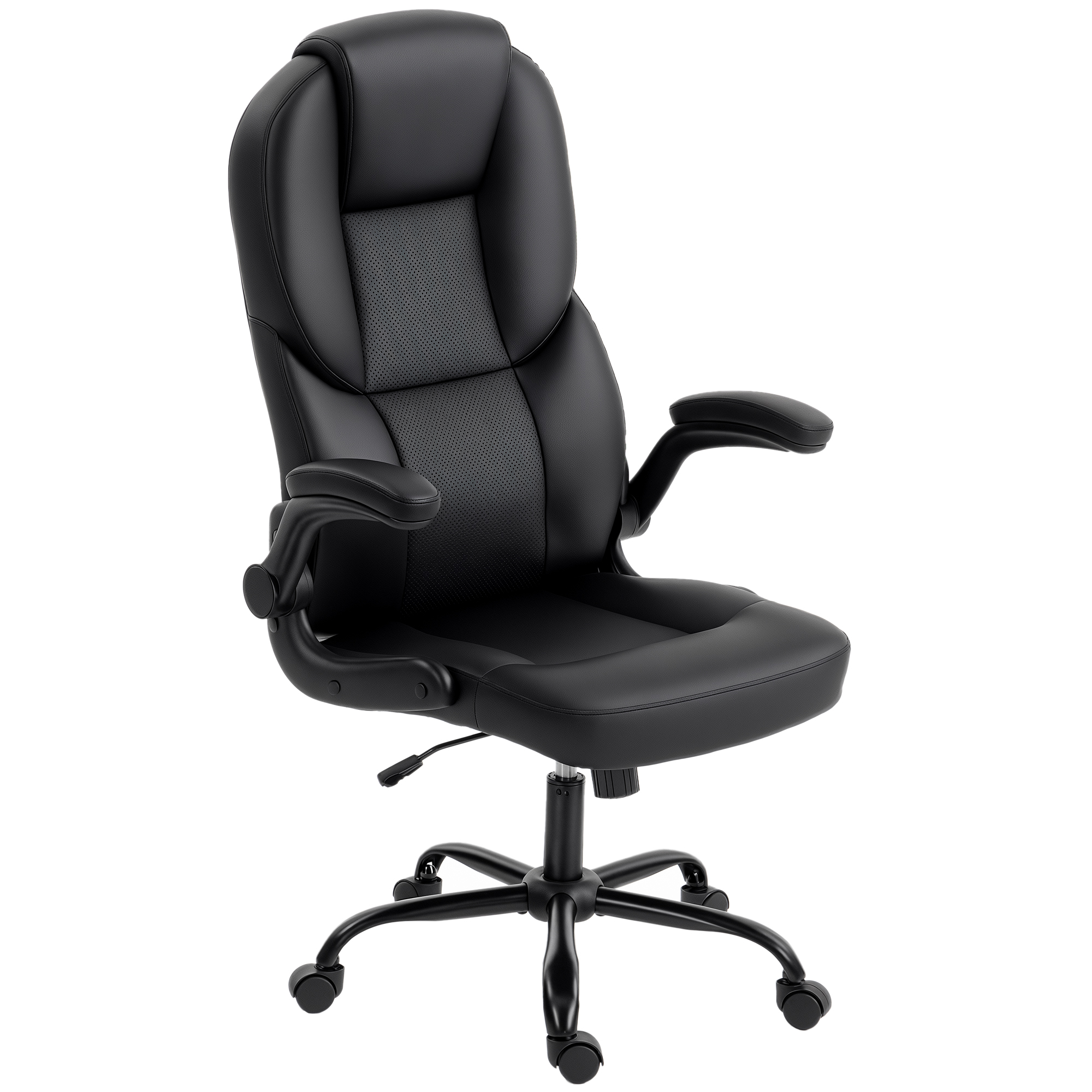 Una sedia da ufficio nera ergonomica con braccioli imbottiti e rotelle su sfondo bianco.