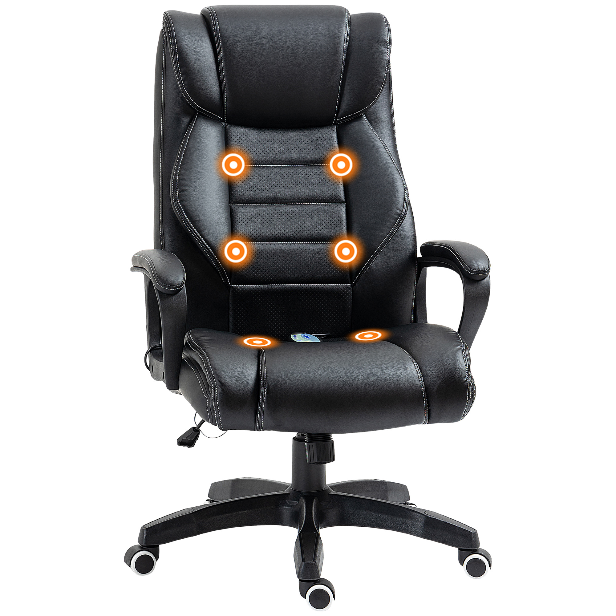 Una sedia da ufficio in pelle nera con sei punti di massaggio arancioni luminosi.