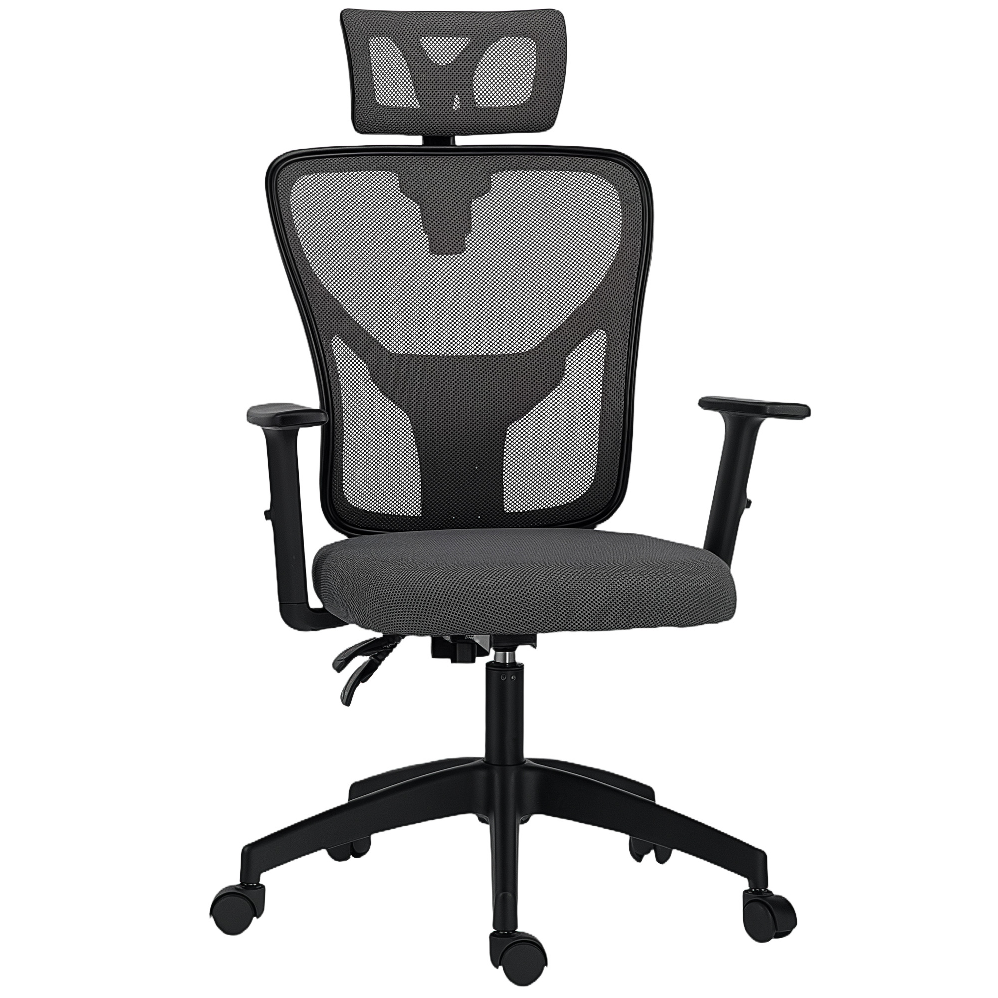 Una sedia da ufficio ergonomica nera con schienale in rete, seduta imbottita, braccioli regolabili, poggiatesta e rotelle.