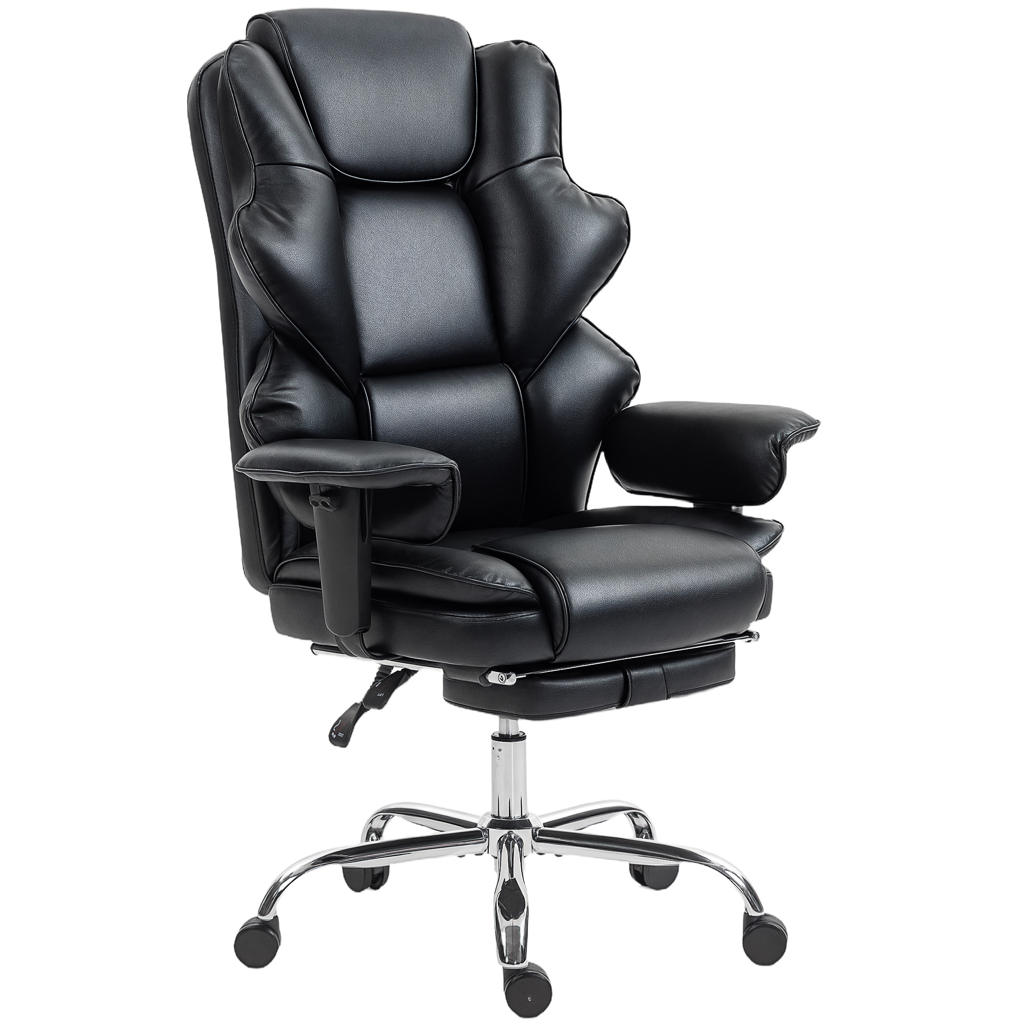 Una sedia direzionale ergonomica in pelle nera con base cromata e rotelle su sfondo bianco.
