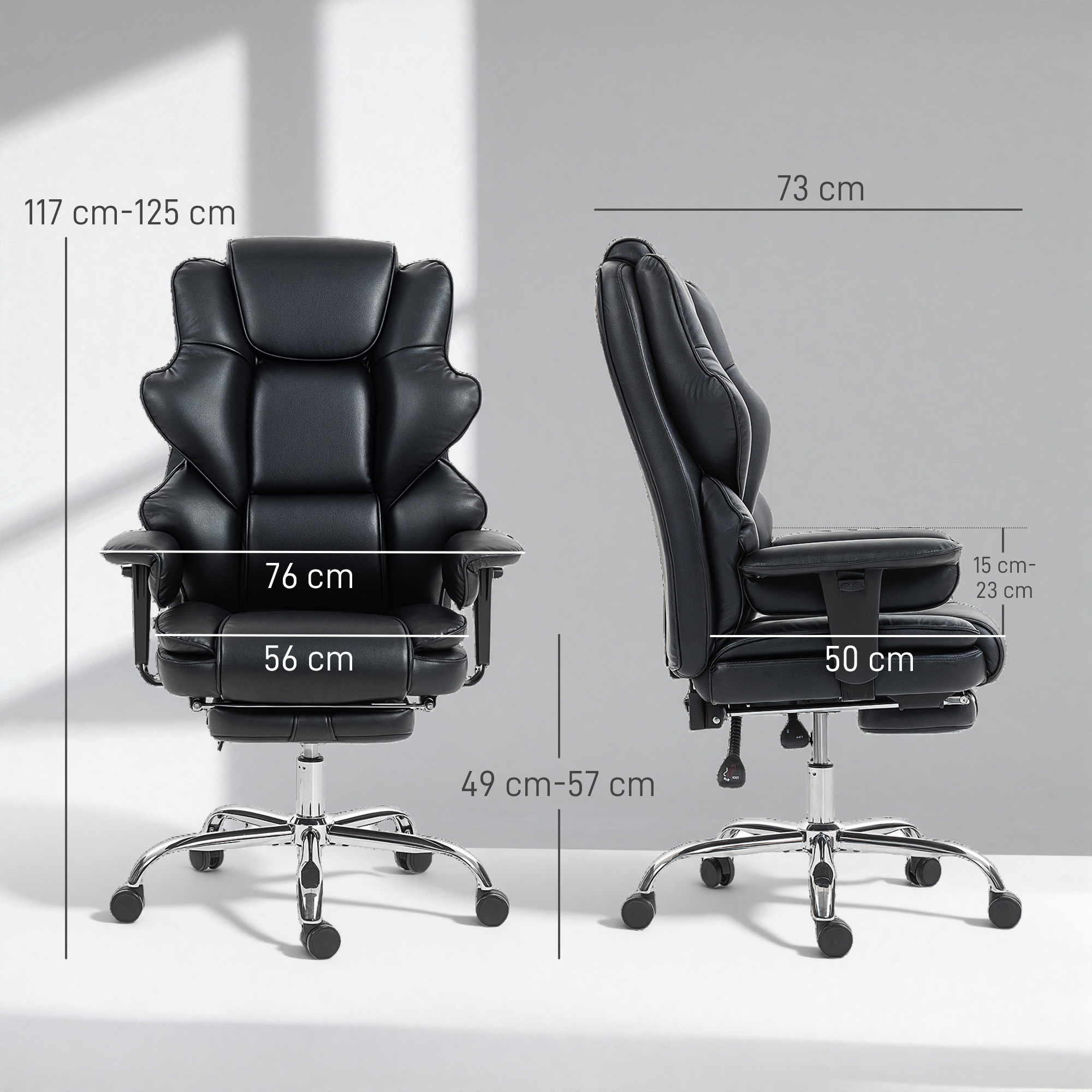 Vista frontale e laterale di una sedia da ufficio nera con dimensioni in cm.