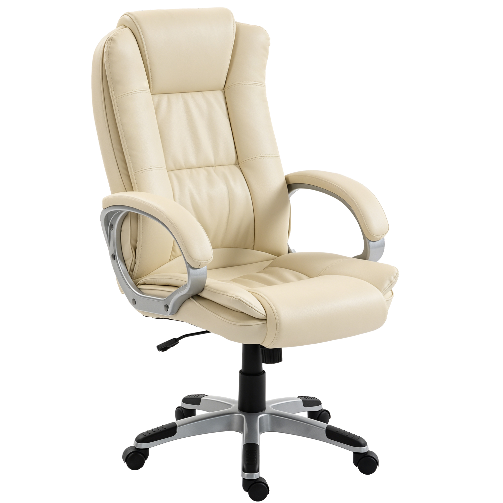 Sedia da ufficio ergonomica color crema con dettagli argentati e base nera con ruote su sfondo bianco.