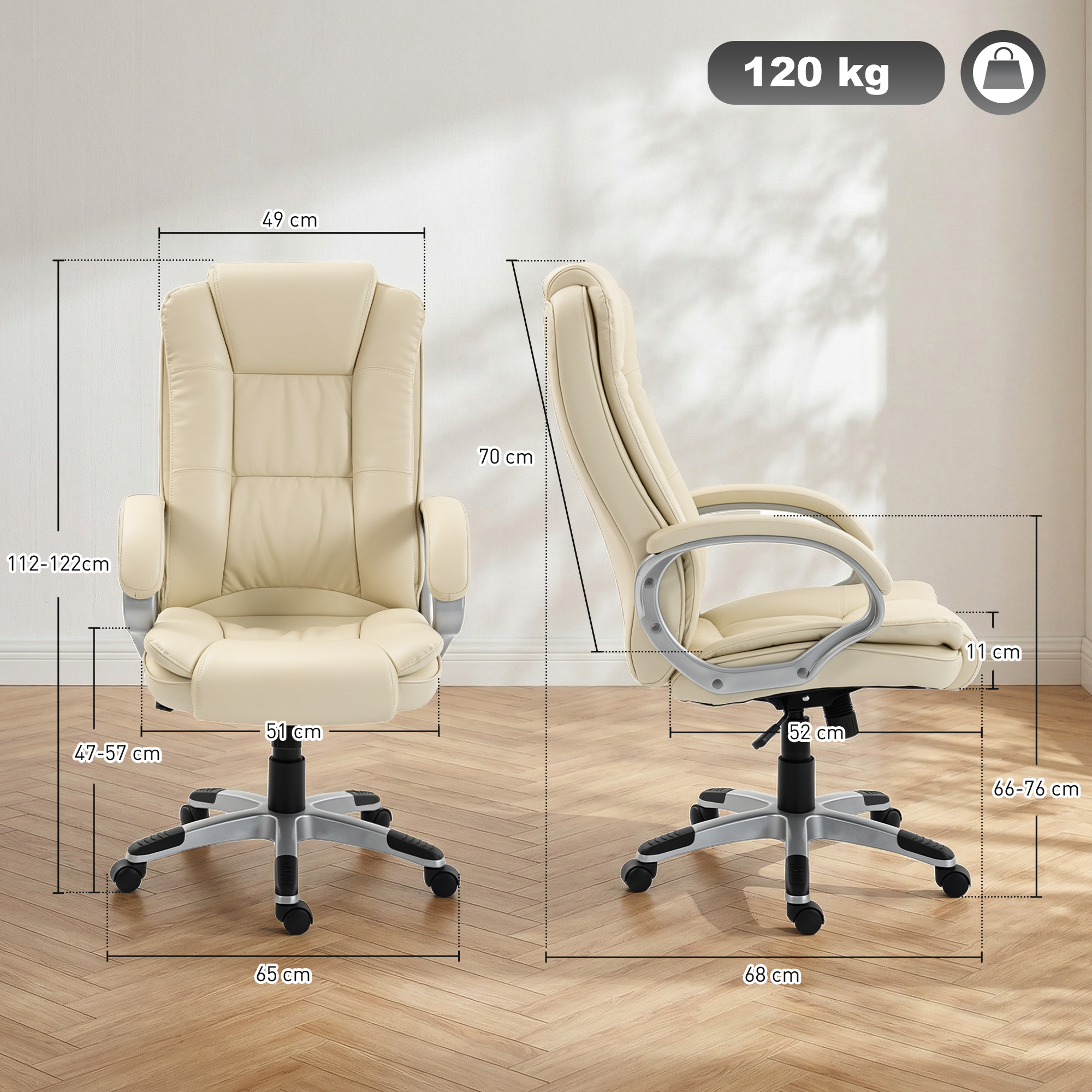 Sedia da ufficio in ecopelle beige con quote frontali e laterali su pavimento in legno.