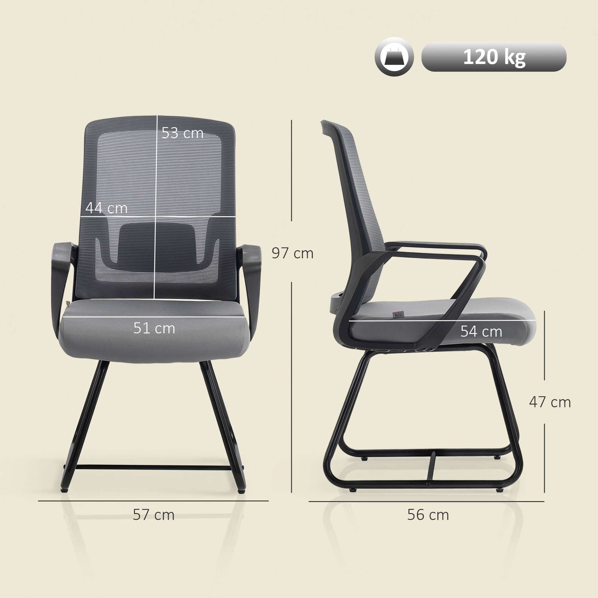 Disegno tecnico di sedia da ufficio grigia con struttura in metallo nero, dimensioni in cm e capacità di 120 kg.