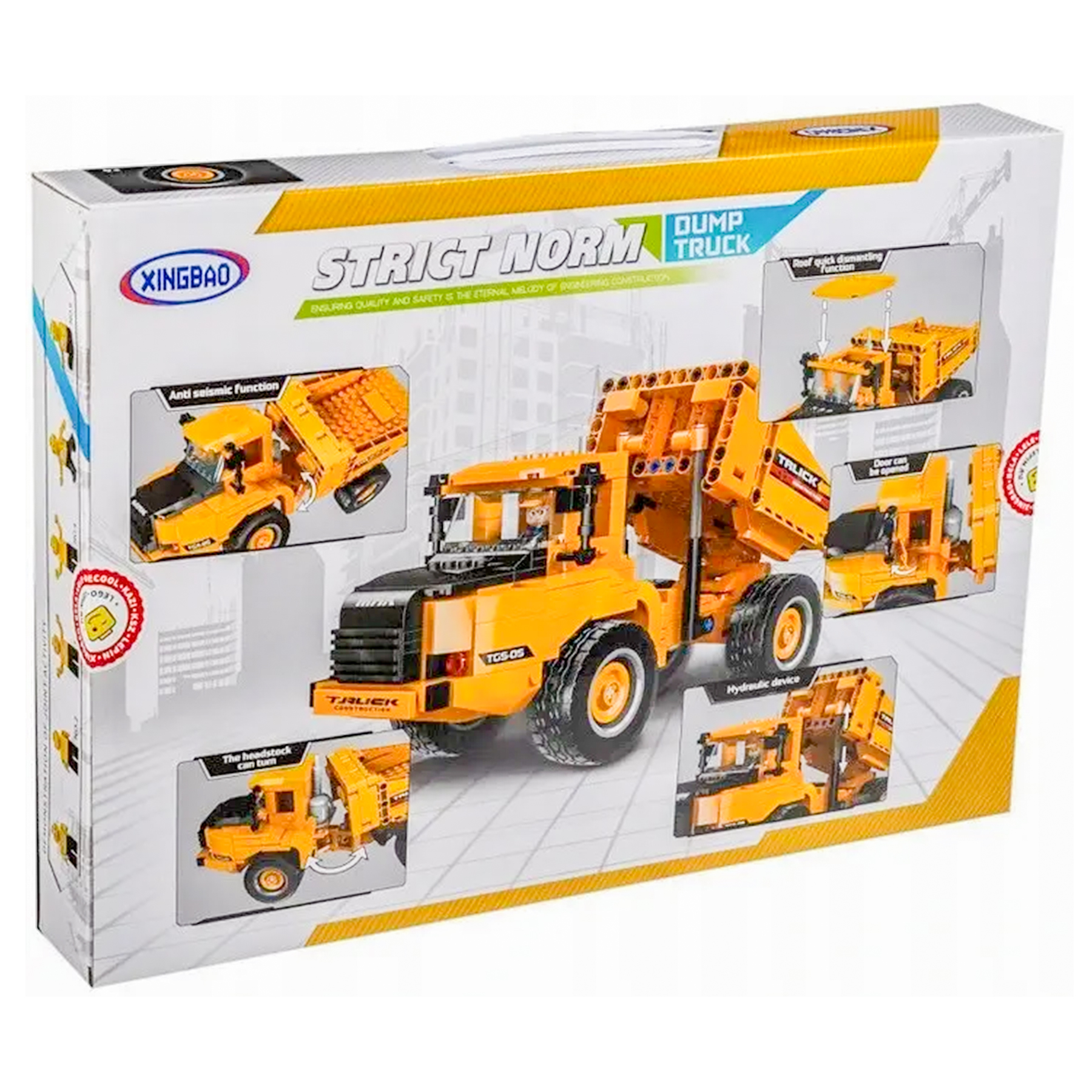 Pudełko z zabawką przedstawia żółty model w stylu Lego z obrazkami funkcji.