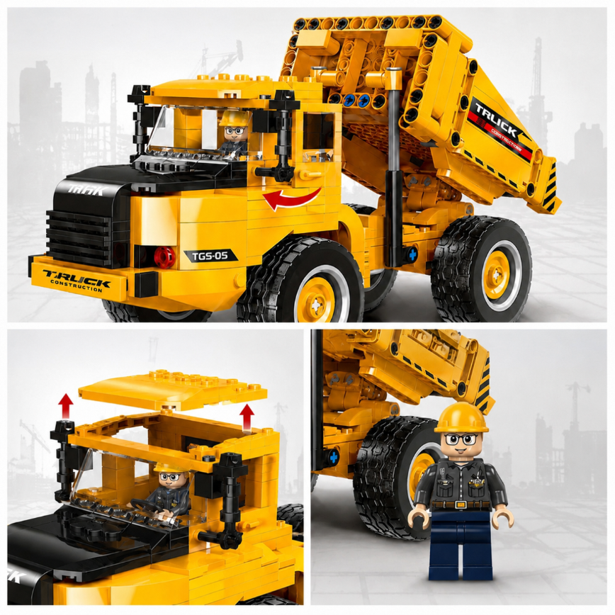 Żółta ciężarówka budowlana Lego z podnoszonym dachem i minifigurką.