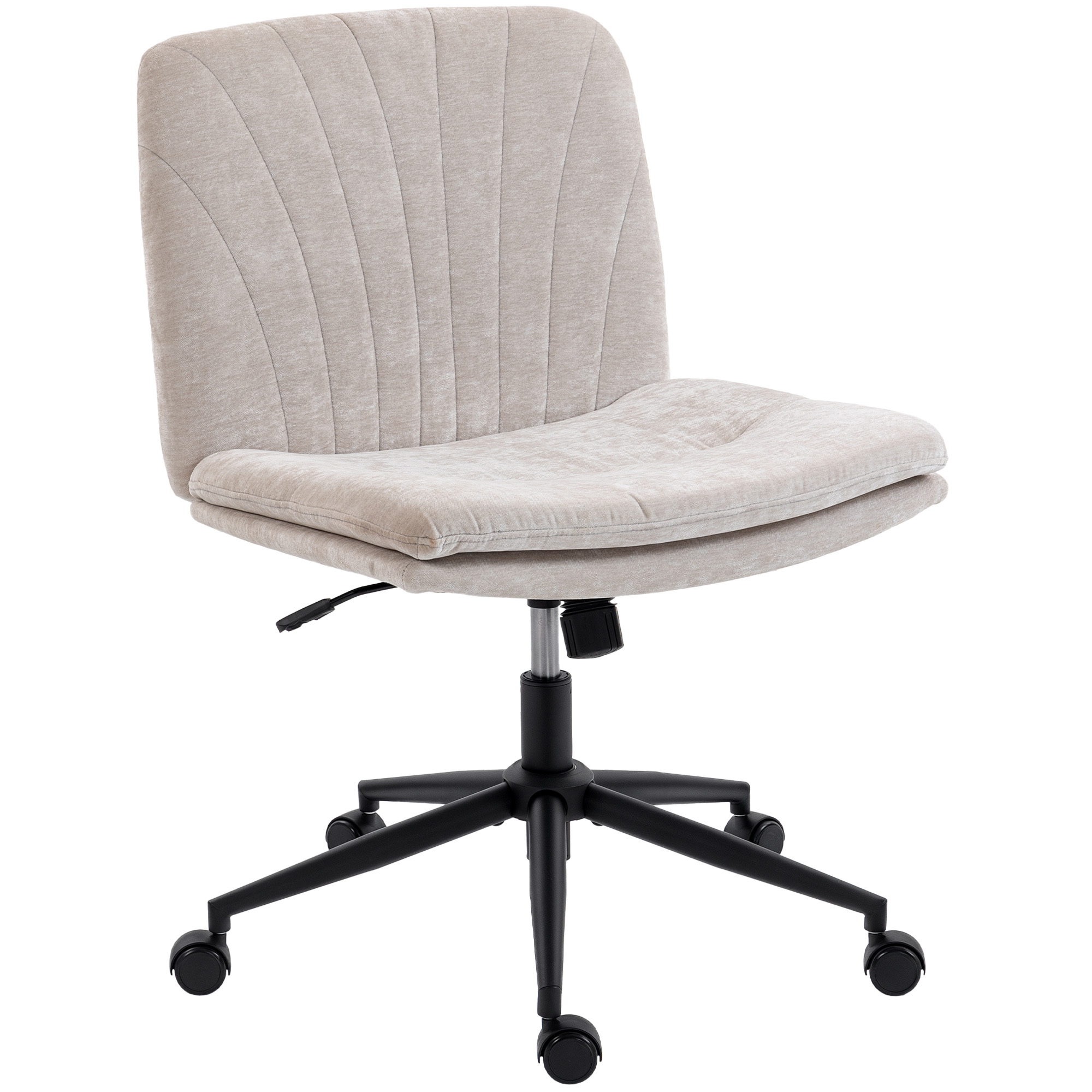 Sedia da ufficio imbottita beige con cuciture verticali, base in metallo nero su ruote.