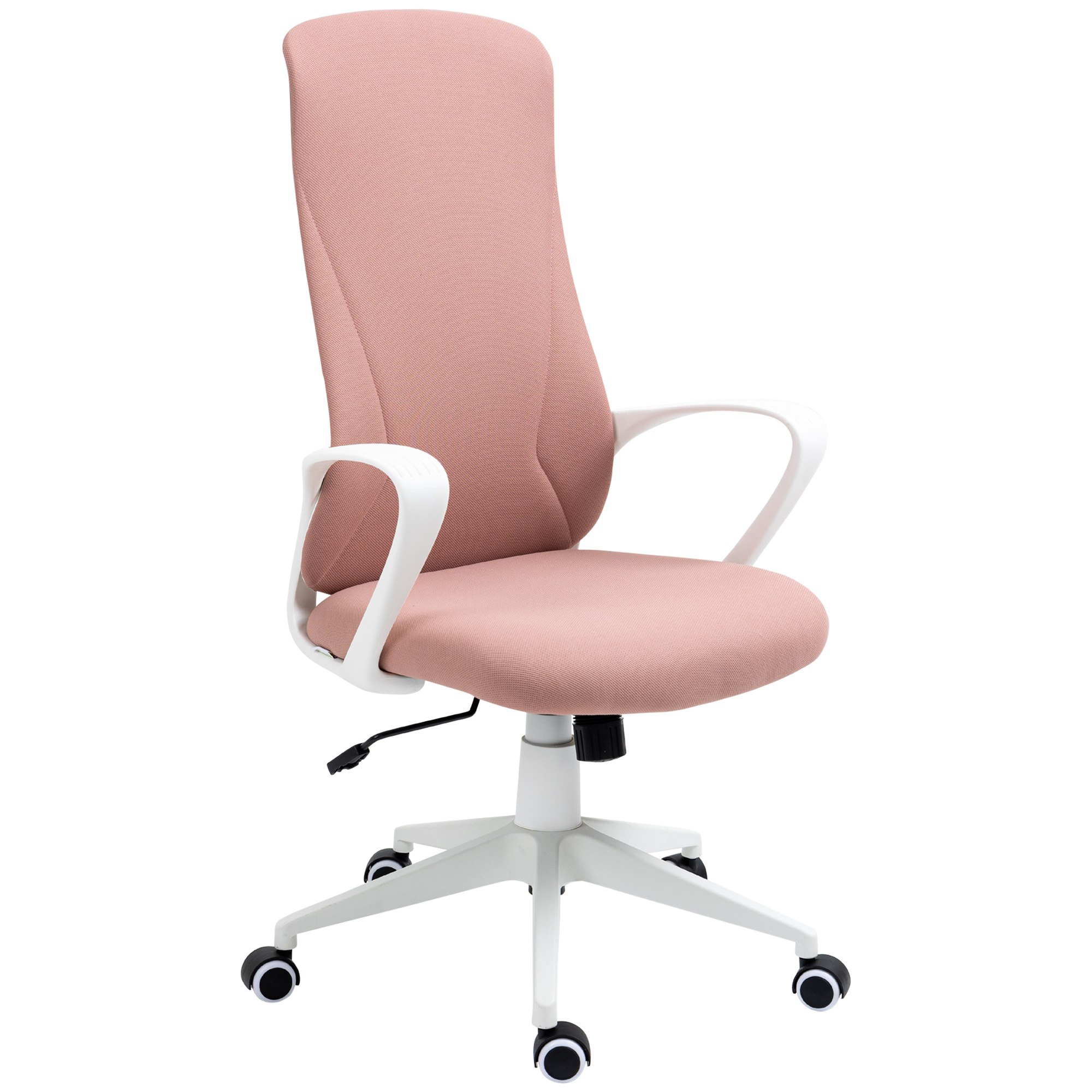 Una sedia da ufficio rosa con braccioli e base bianchi con rotelle su sfondo bianco.